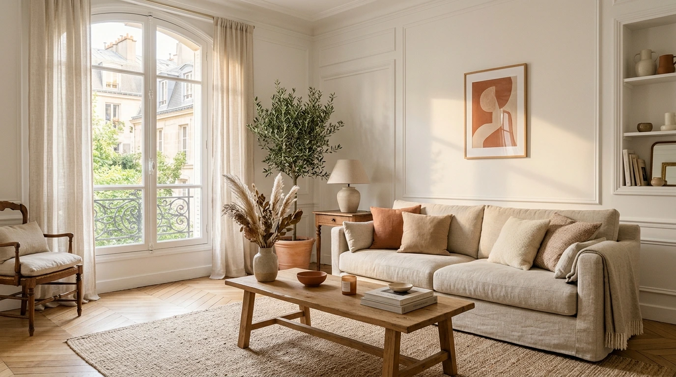 Salon decore avec gout - lumiere naturelle et matieres chaleureuses