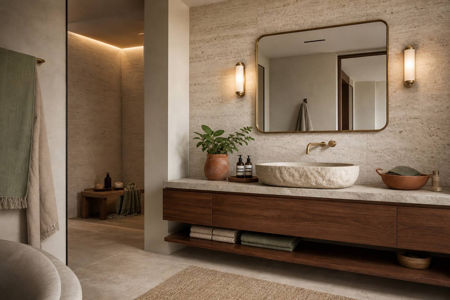 Salle de bains pierre naturelle travertin beige élégance lin sauge terracotta noyer