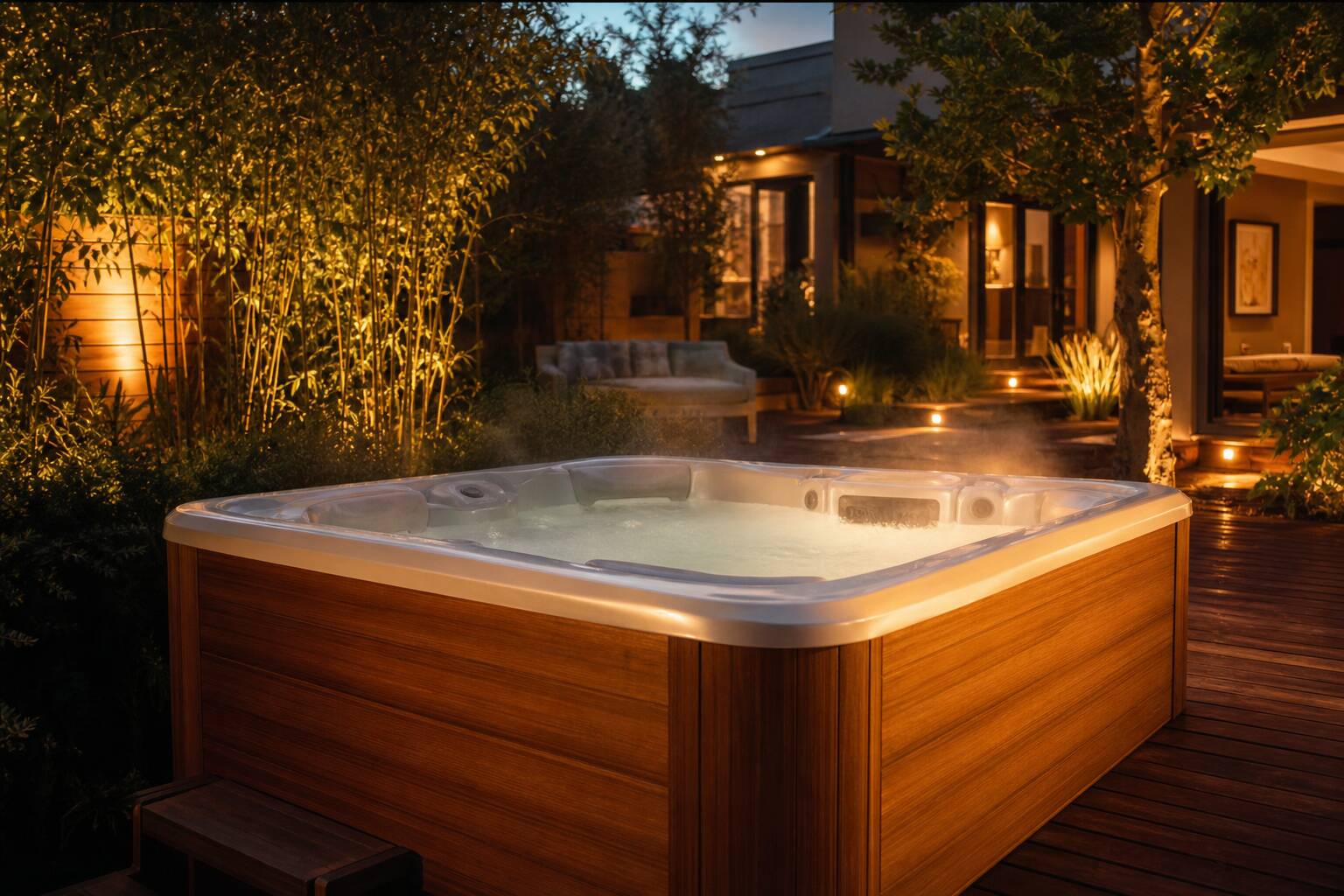 Spa hot tub en bois de cèdre jardin extérieur bien-être relaxation détente