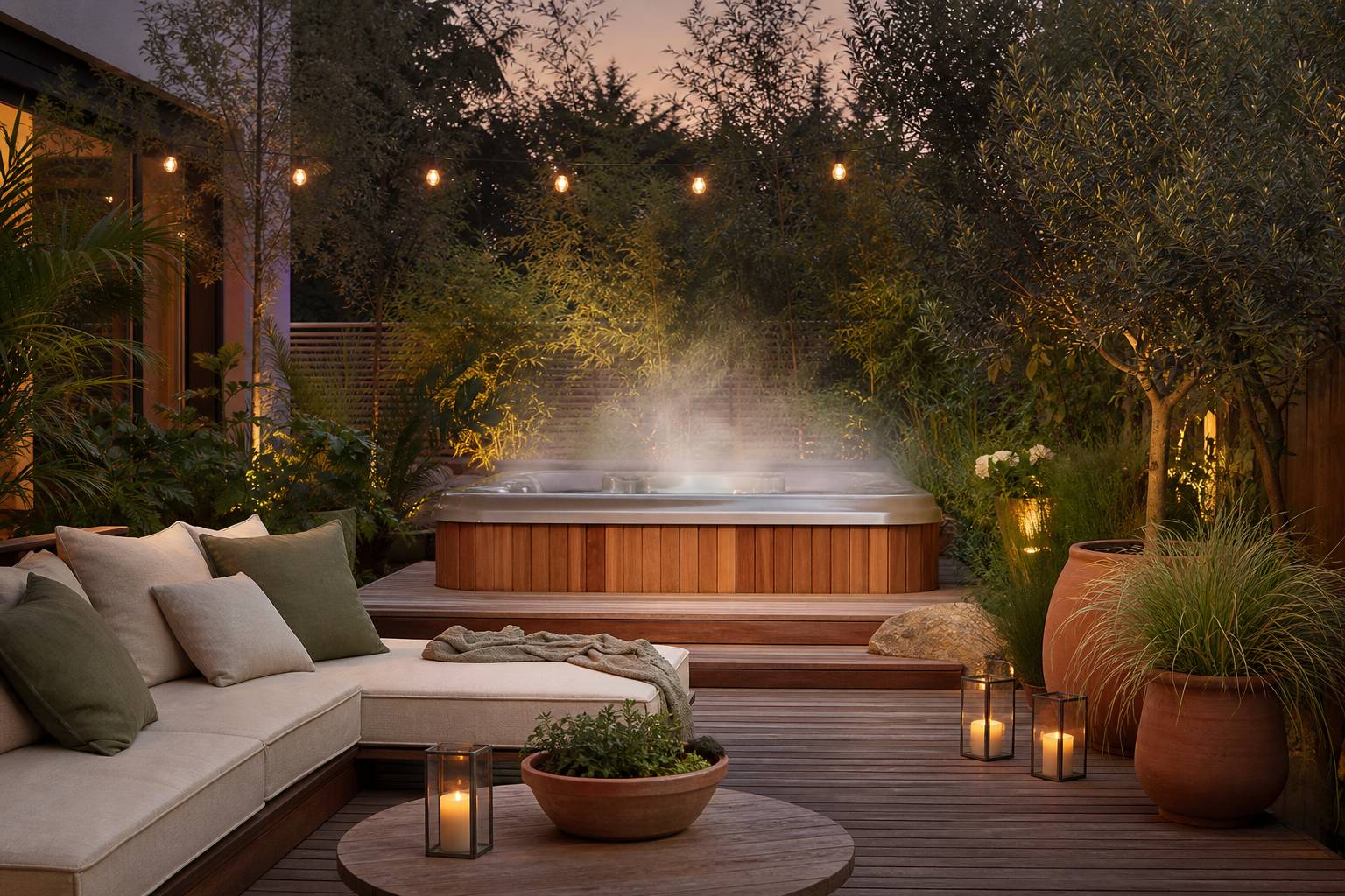 Spa hot tub bois jardin palette lin sauge terracotta noyer relaxation bien-être