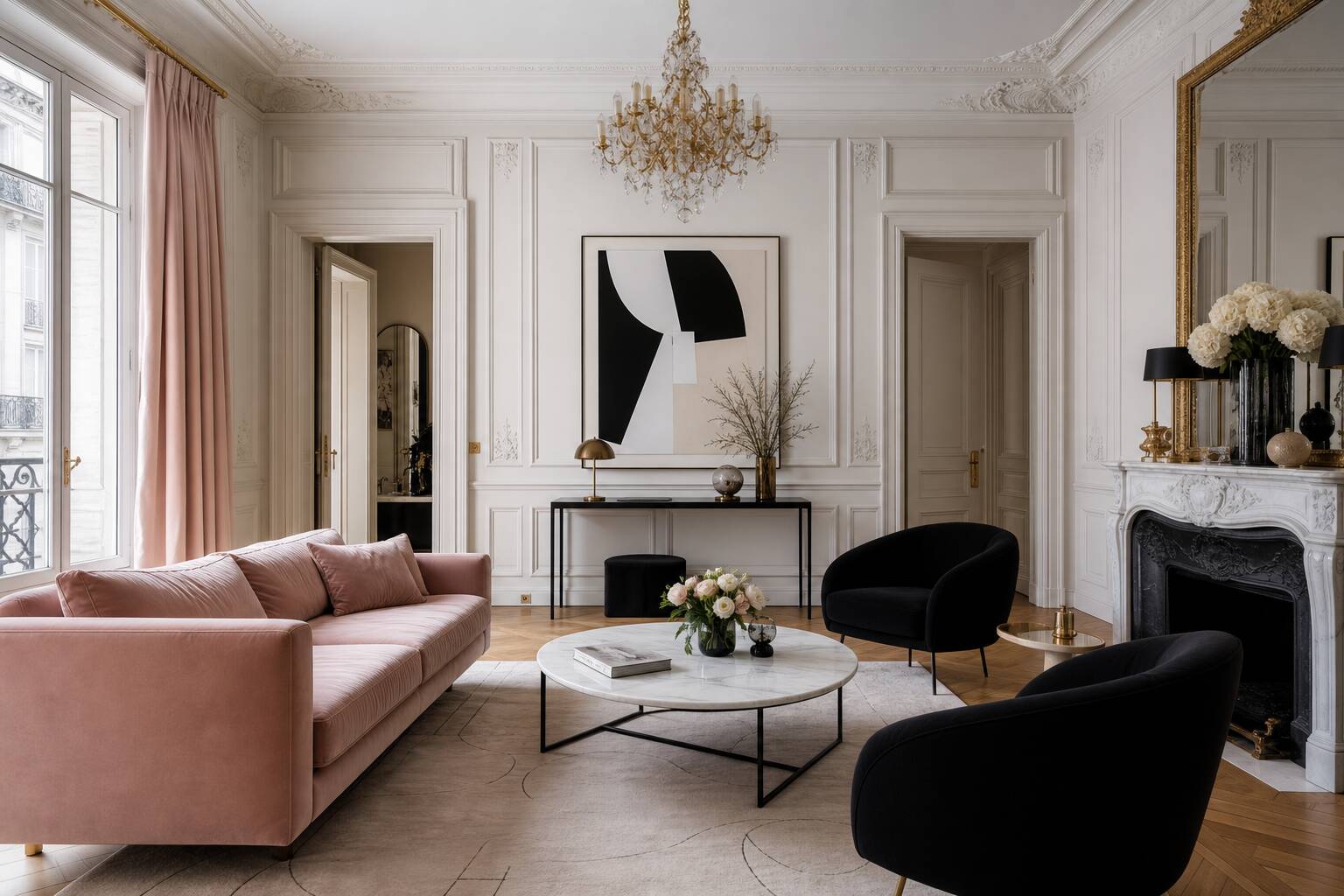 Intérieur parisien haussmannien élégant salon chic palette rose noir blanc velours design