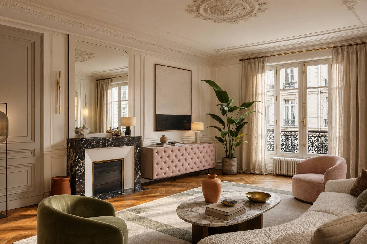 Appartement haussmannien rose noir blanc buffet capitonné style Chantal Thomass lin sauge