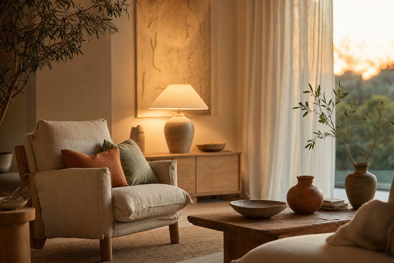 Ambiance soir intérieur chaleureux lampe allumée décoration cosy lumière tamisée maison