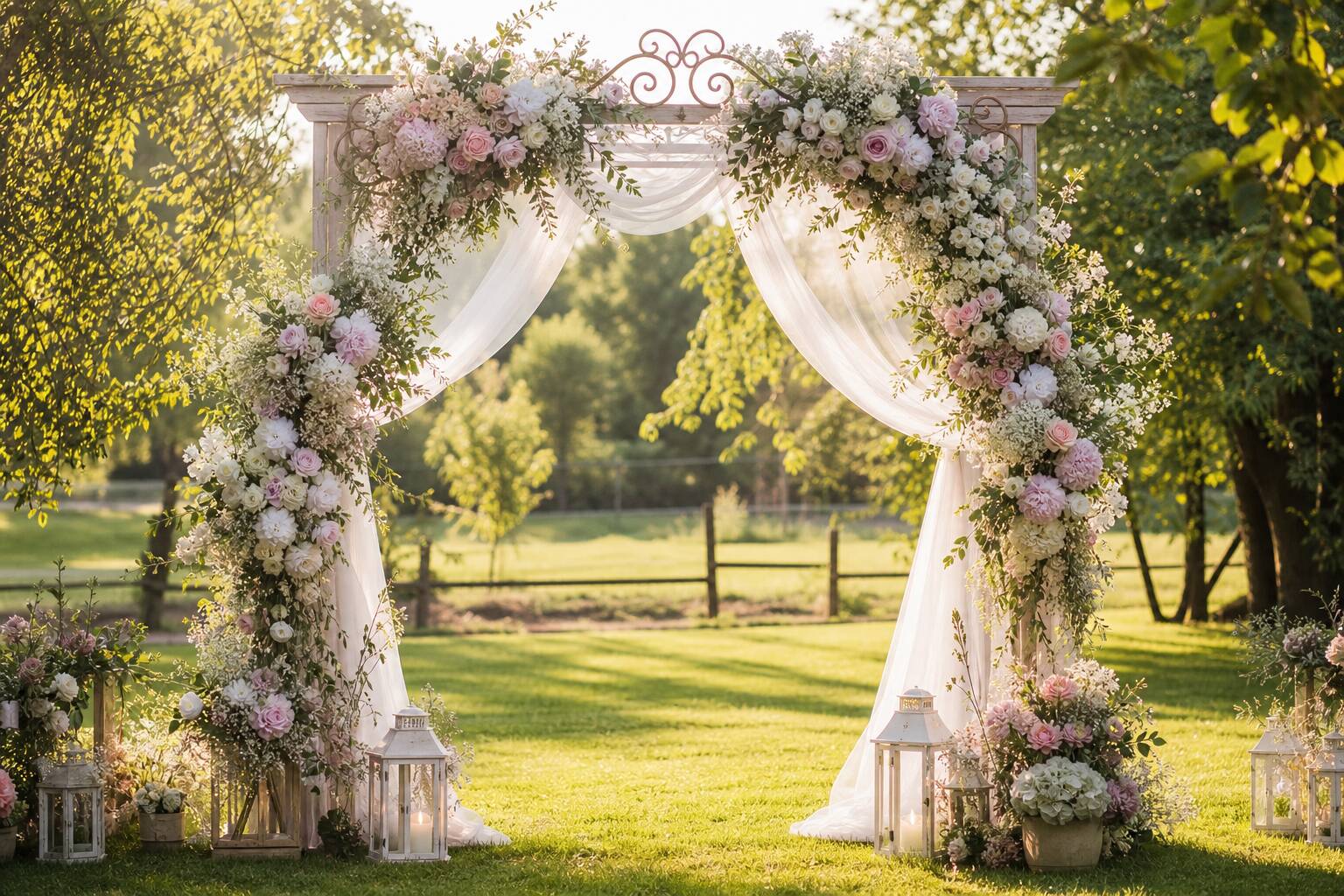 Arche de mariage romantique fleurs décoration cérémonie plein air champêtre chic