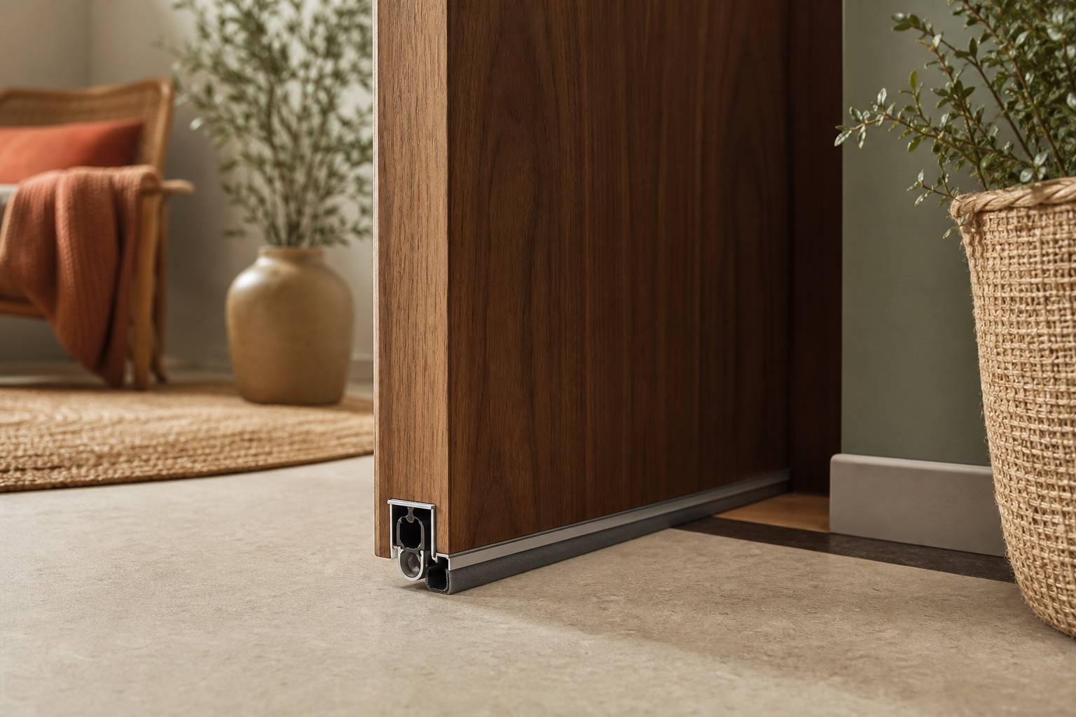 Joint bas de porte isolation phonétique déco maison lin sauge terracotta noyer