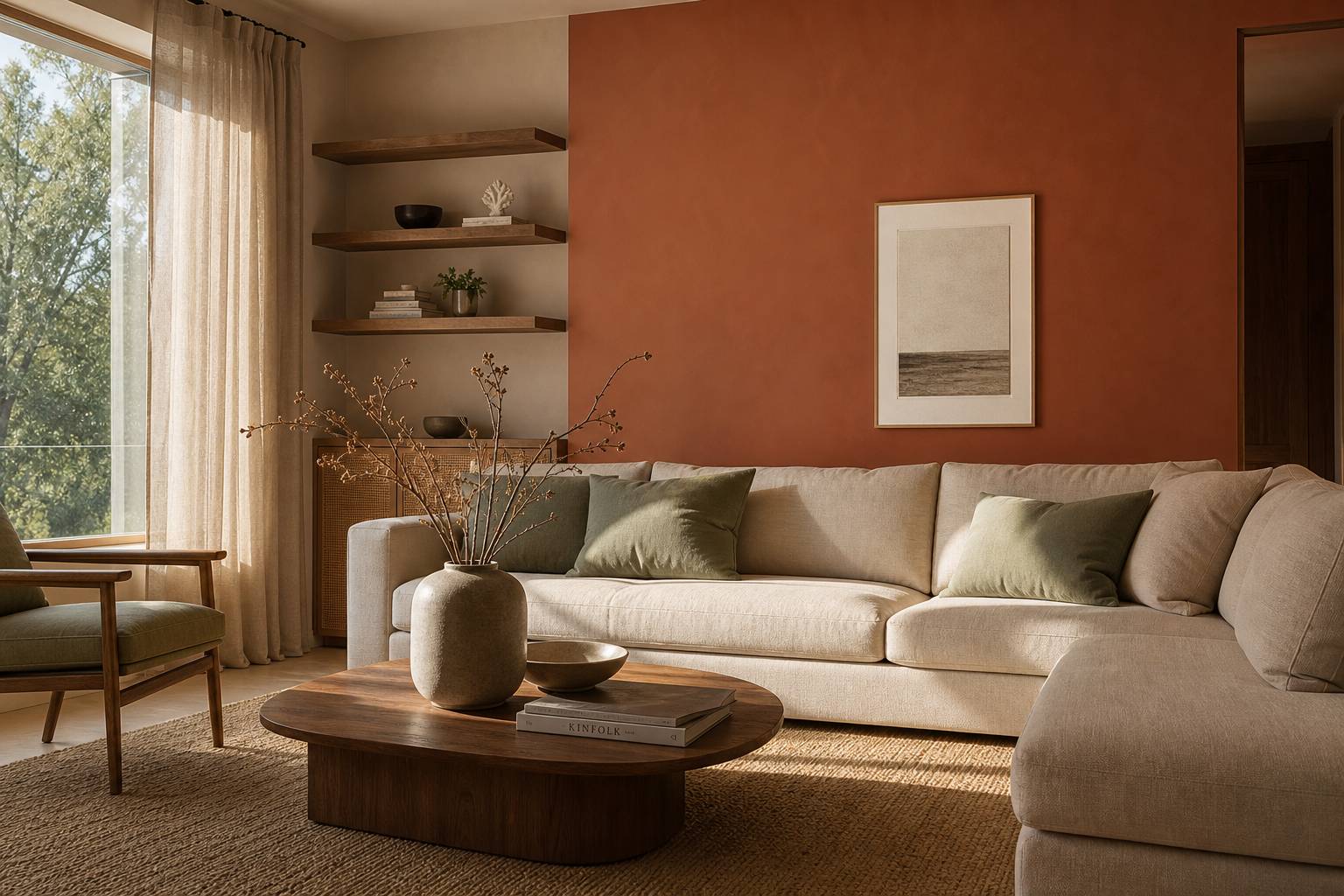 Salon couleur terracotta décoration intérieure palette lin sauge noyer