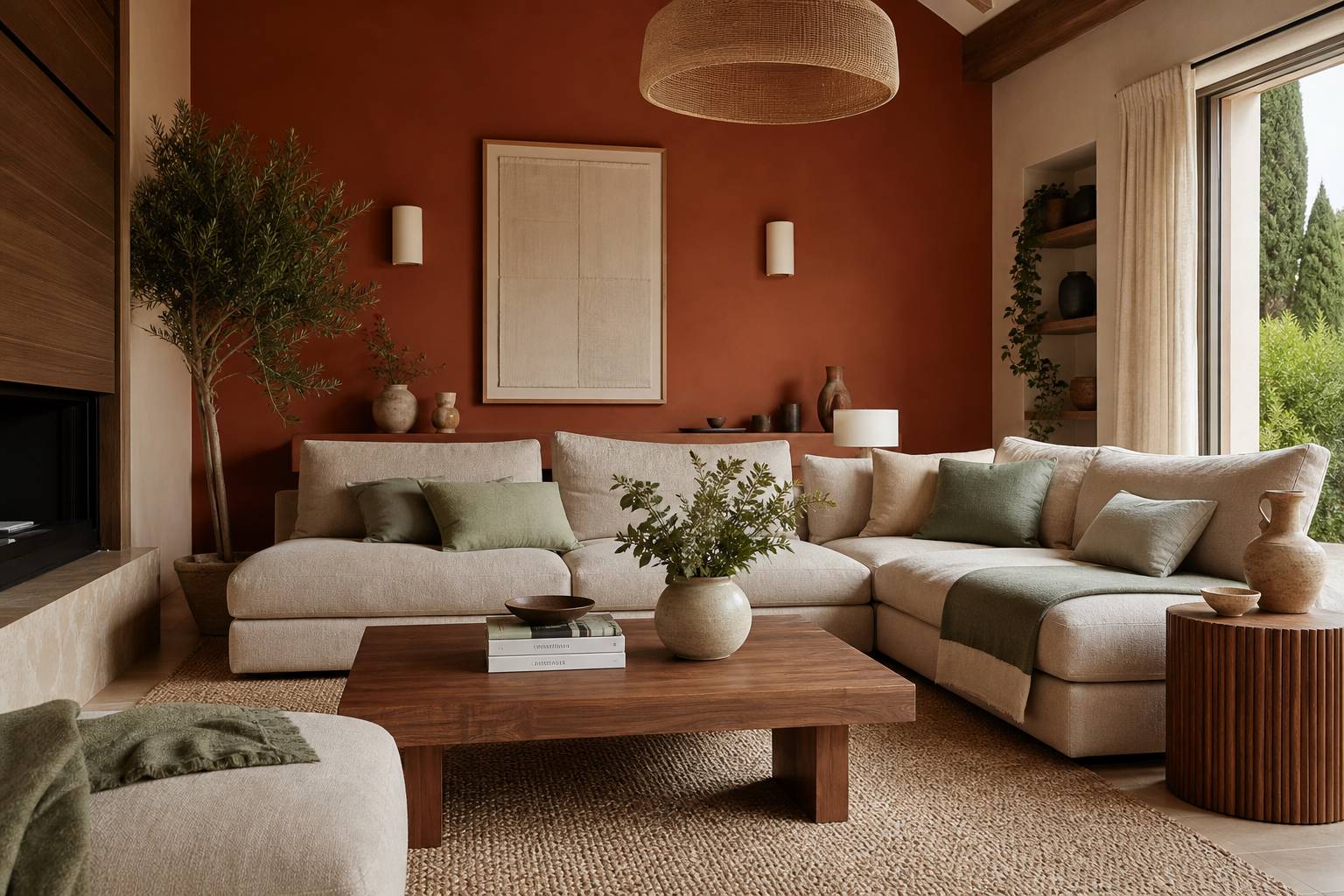 Mur terracotta salon canapé lin coussins sauge table basse noyer