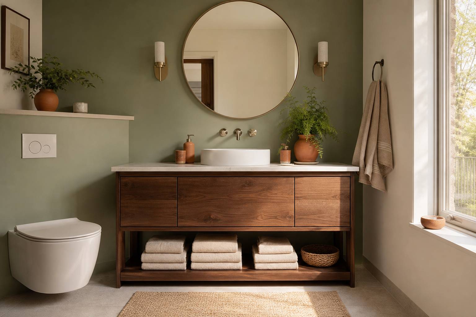 Toilettes décorées mur sauge meuble noyer accessoires terracotta