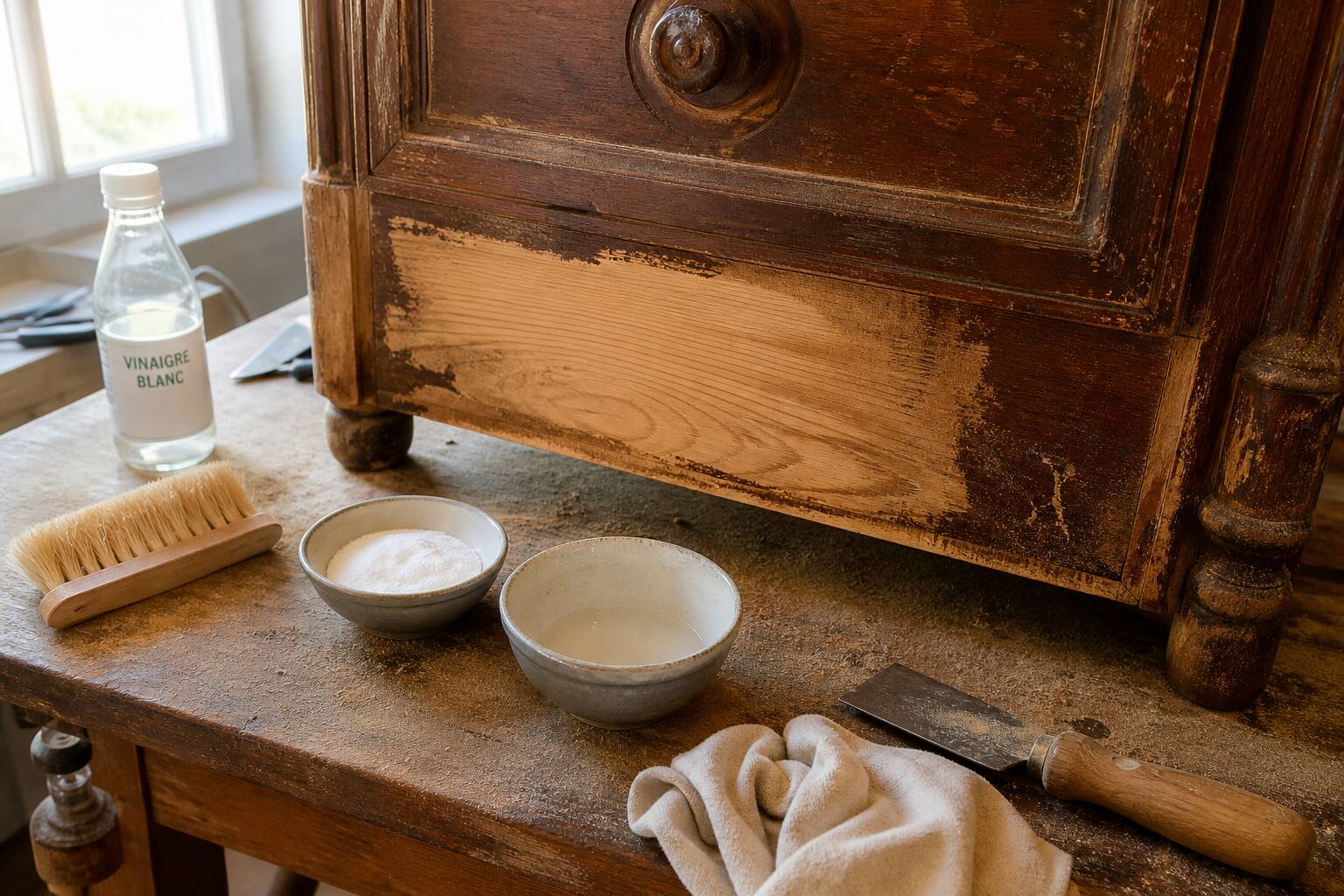 Décapage bois naturel avec bicarbonate et vinaigre blanc, meuble ancien rénové