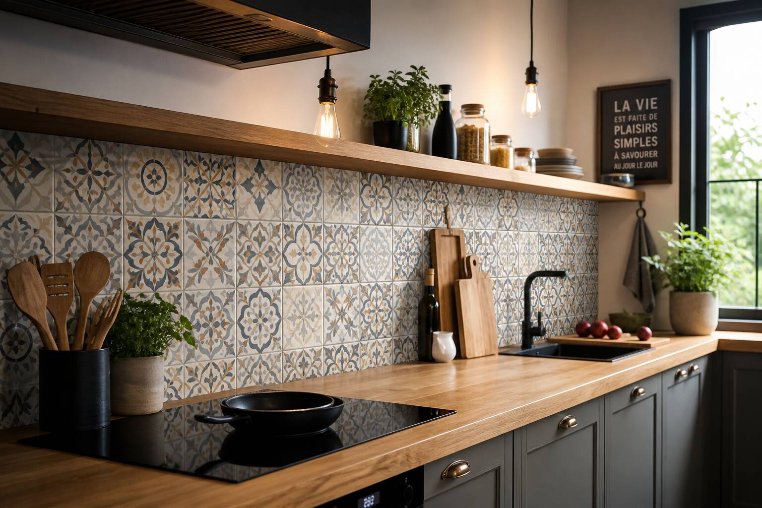 Carrelage adhésif motif carreau de ciment posé sur crédence de cuisine