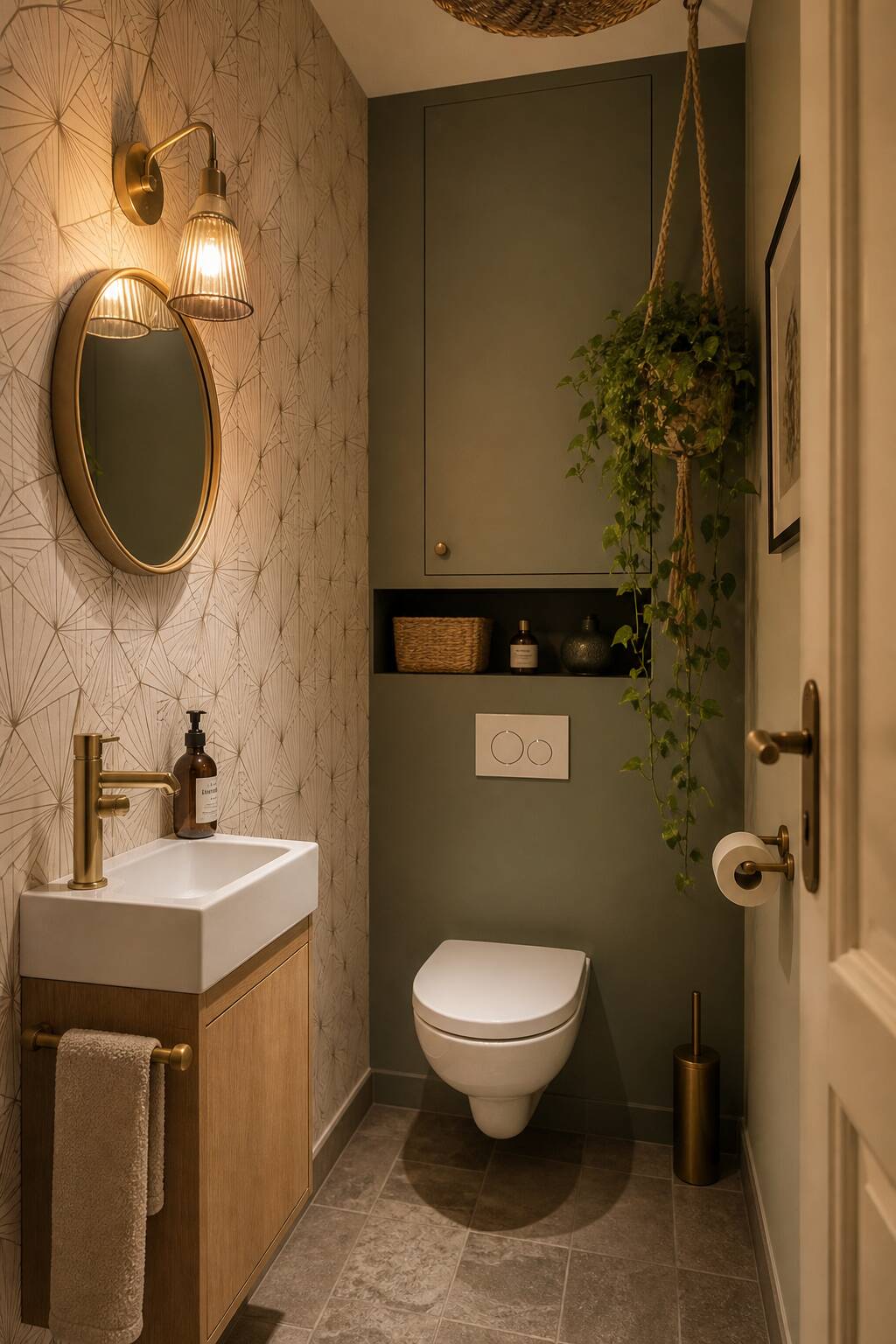 Petites toilettes décorées avec rangement mural et accessoires cosy