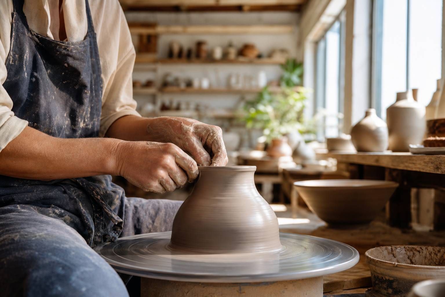 Main d'artisan façonnant l'argile sur un tour de potier dans un atelier lumineux