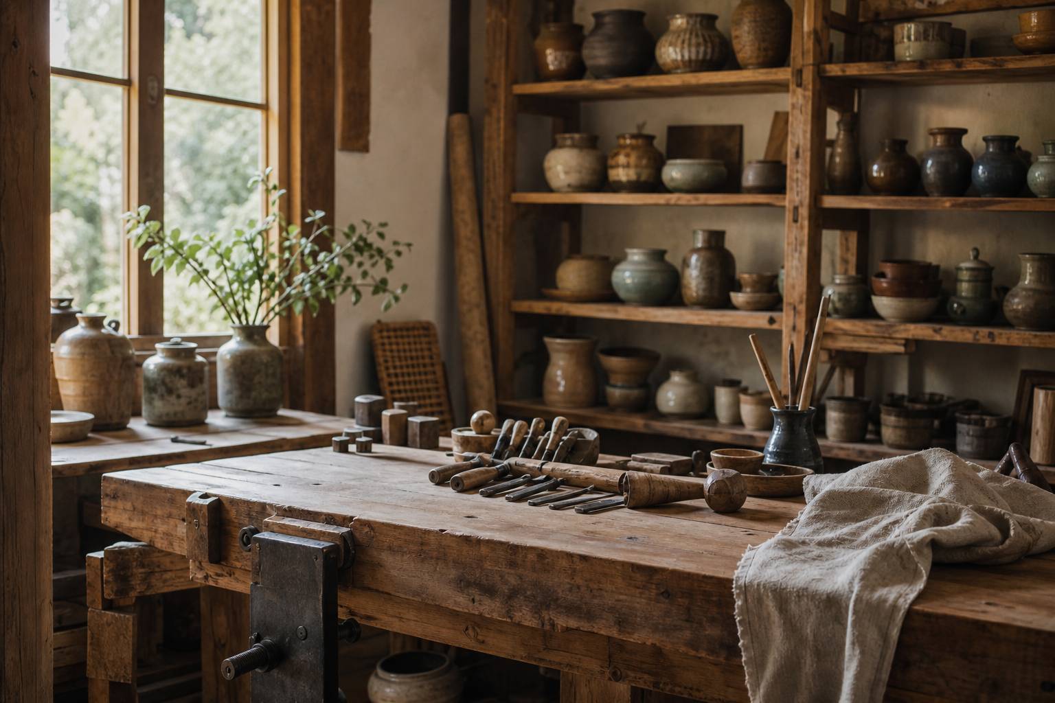 Atelier d'artisan d'art avec établi en bois, outils traditionnels et poteries en céramique