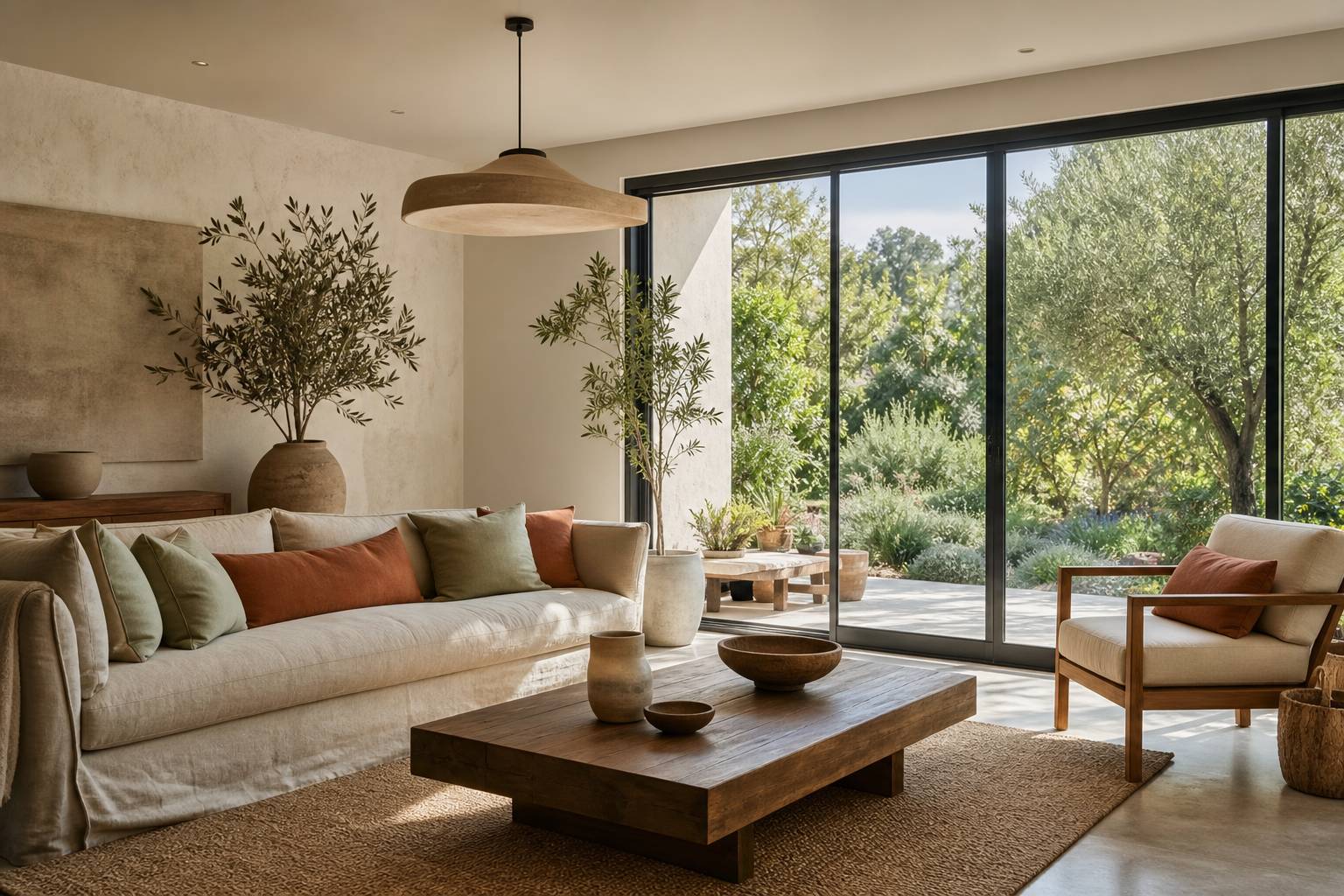 Baie vitrée coulissante encadrant un jardin verdoyant avec salon en lin beige et suspension design