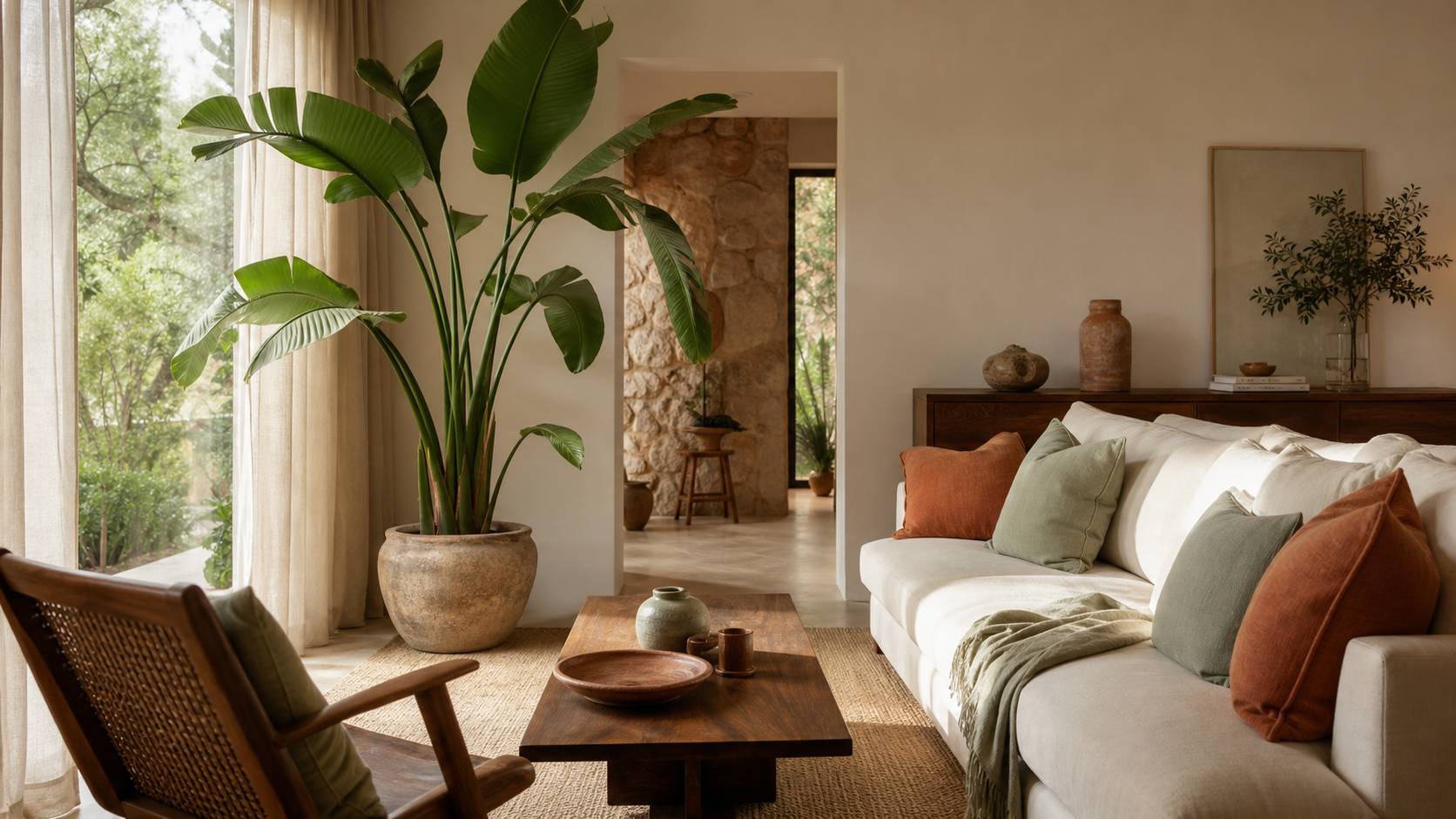 Bananier en pot céramique salon lumineux près fenêtre décoration intérieure plante verte