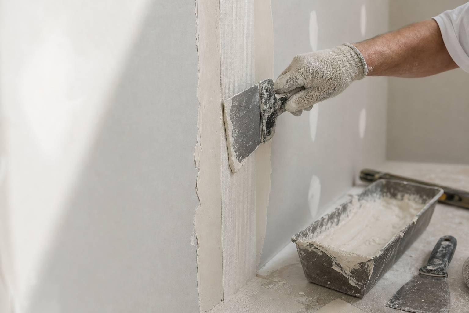 Couteau a enduire et bande a joint en cours de pose sur un mur en placo