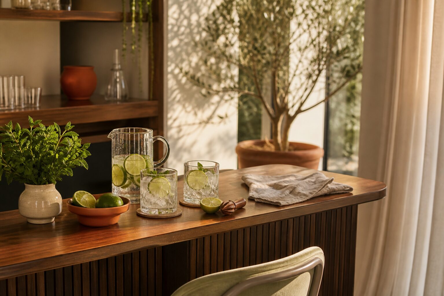 Bar de jardin en bois avec verres à cocktail, citrons verts et herbes fraîches en fin d'après-midi