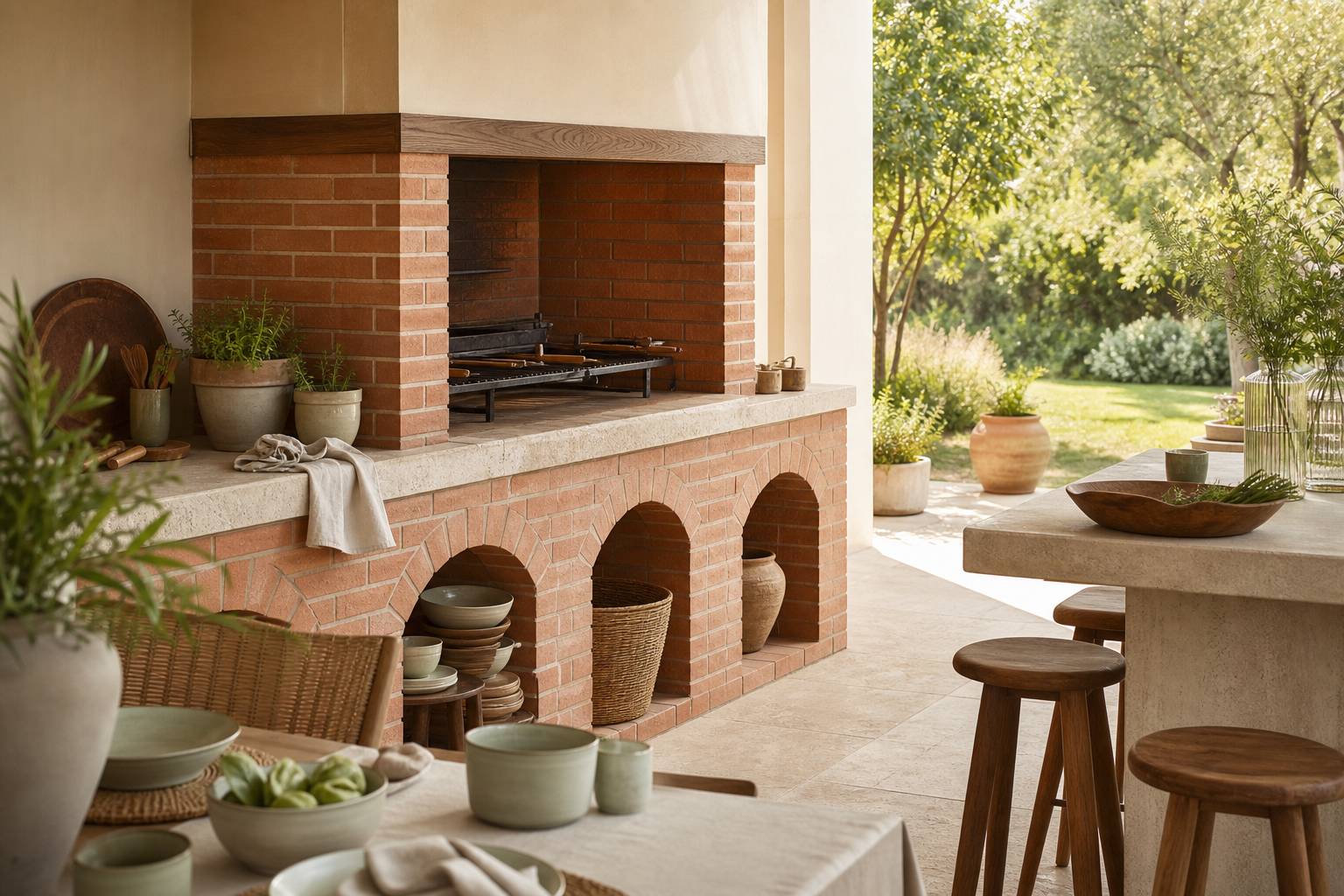 Barbecue en brique dans un jardin ensoleillé avec plan de travail en pierre