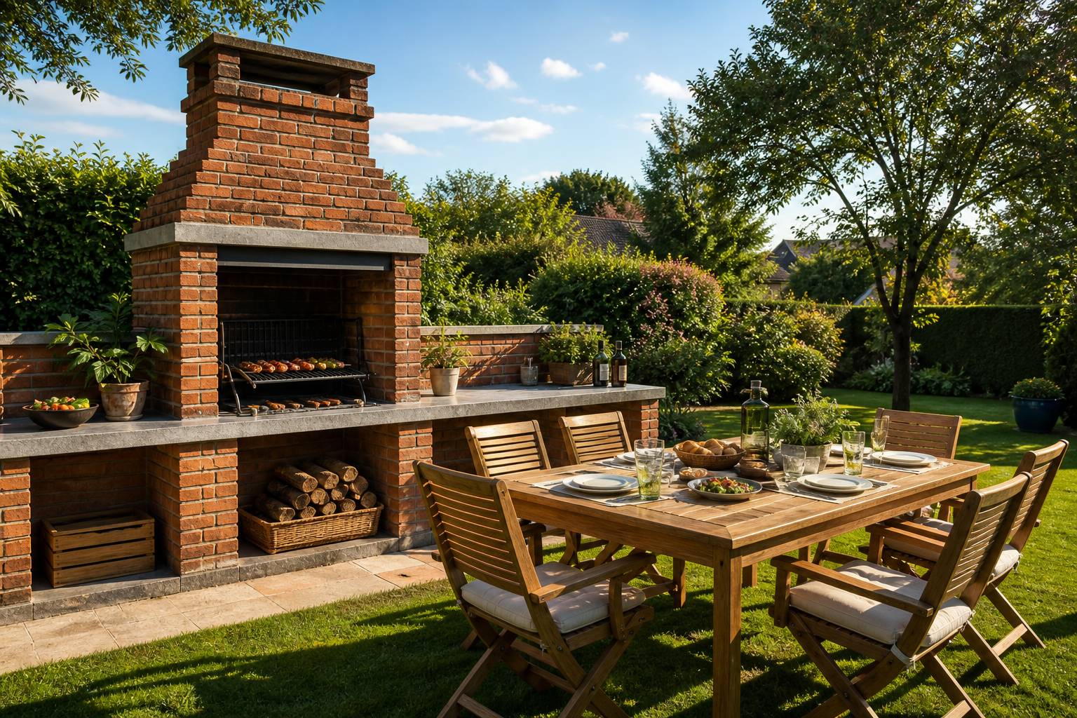 Barbecue en brique dans un jardin verdoyant avec plan de travail pierre