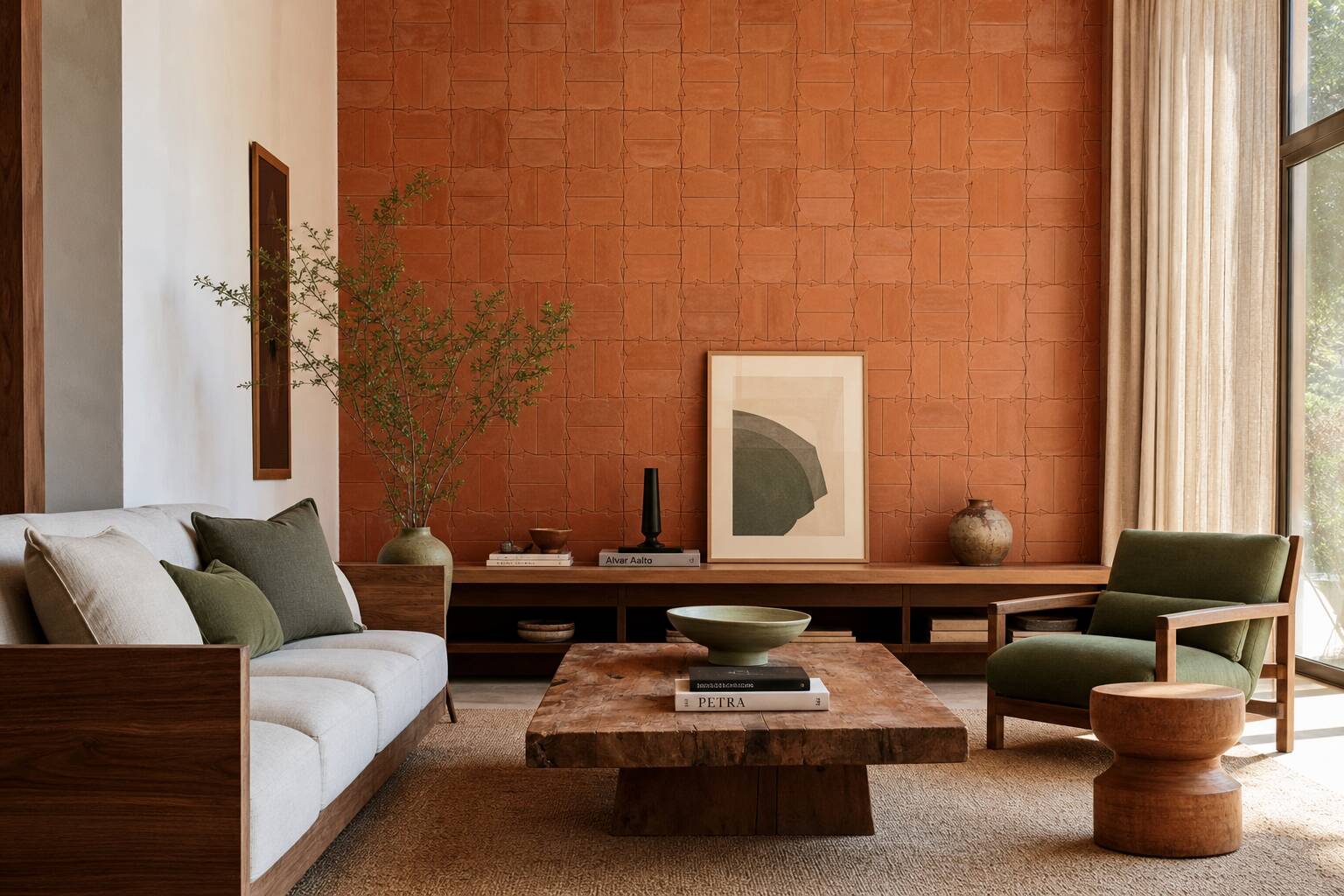 Carreaux Bejmat en terre cuite marocaine dans un intérieur lumineux aux tons lin sauge terracotta et noyer