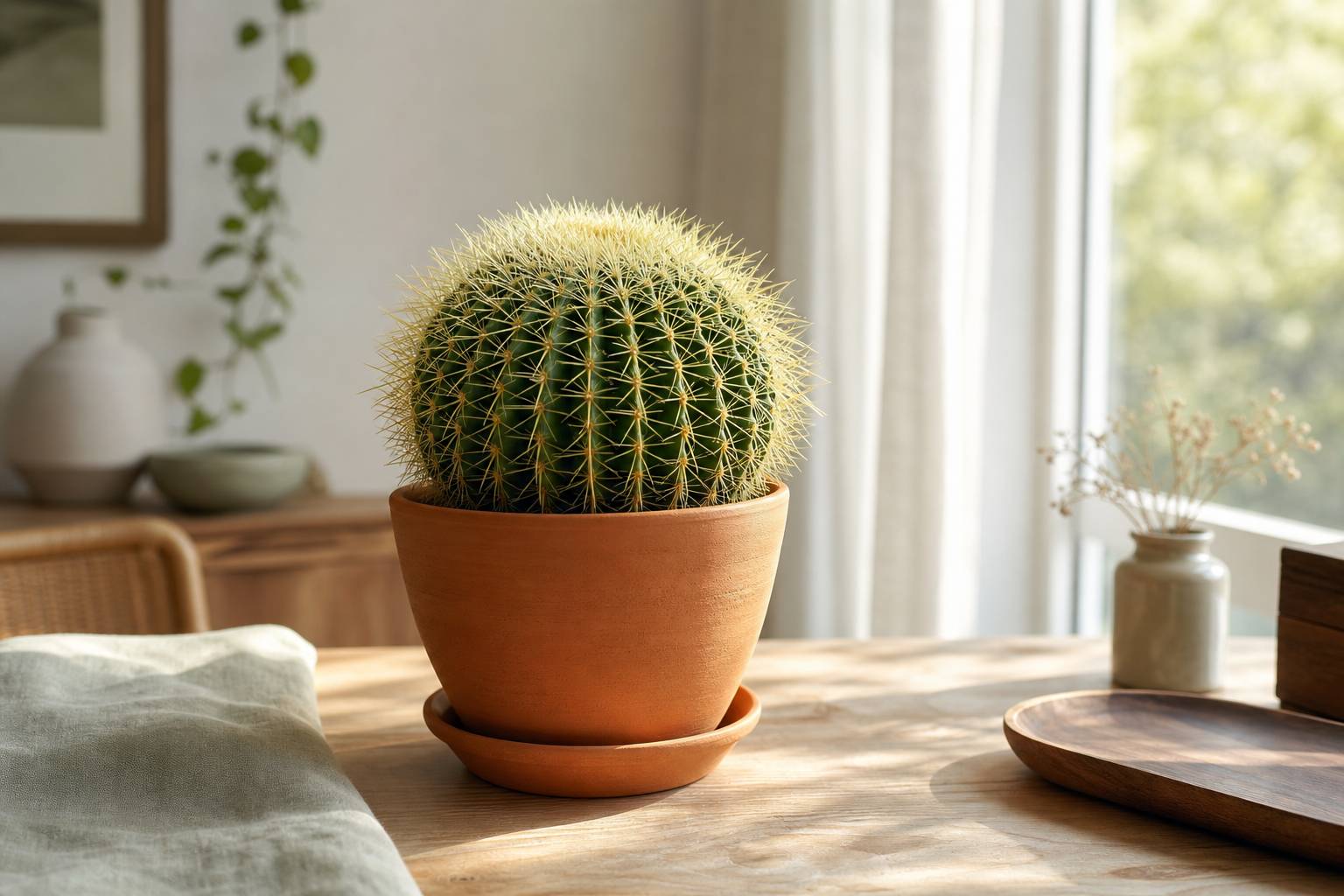 Cactus Coussin belle-mère Echinocactus grusonii pot terracotta intérieur fenêtre déco plante