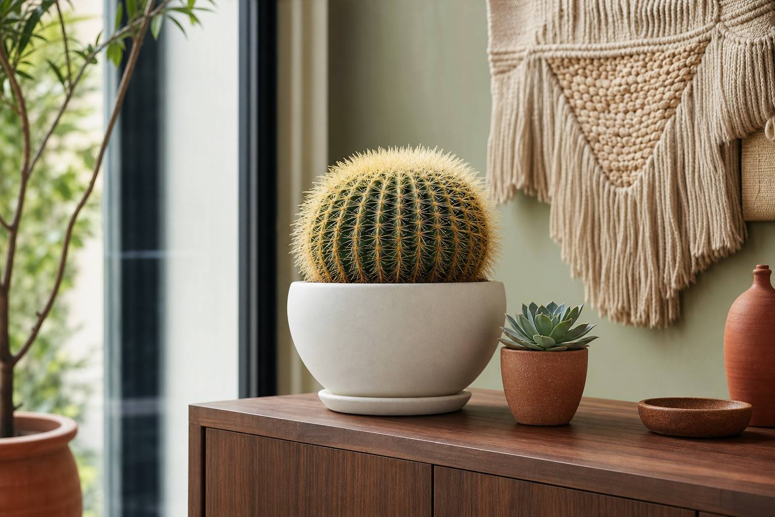 Cactus Coussin belle-mère pot céramique blanche fenêtre intérieur lumineux décoration plante