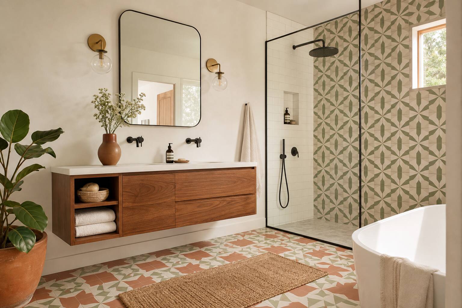 Salle de bains avec carreaux de ciment géométriques sauge et terracotta, intérieur moderne