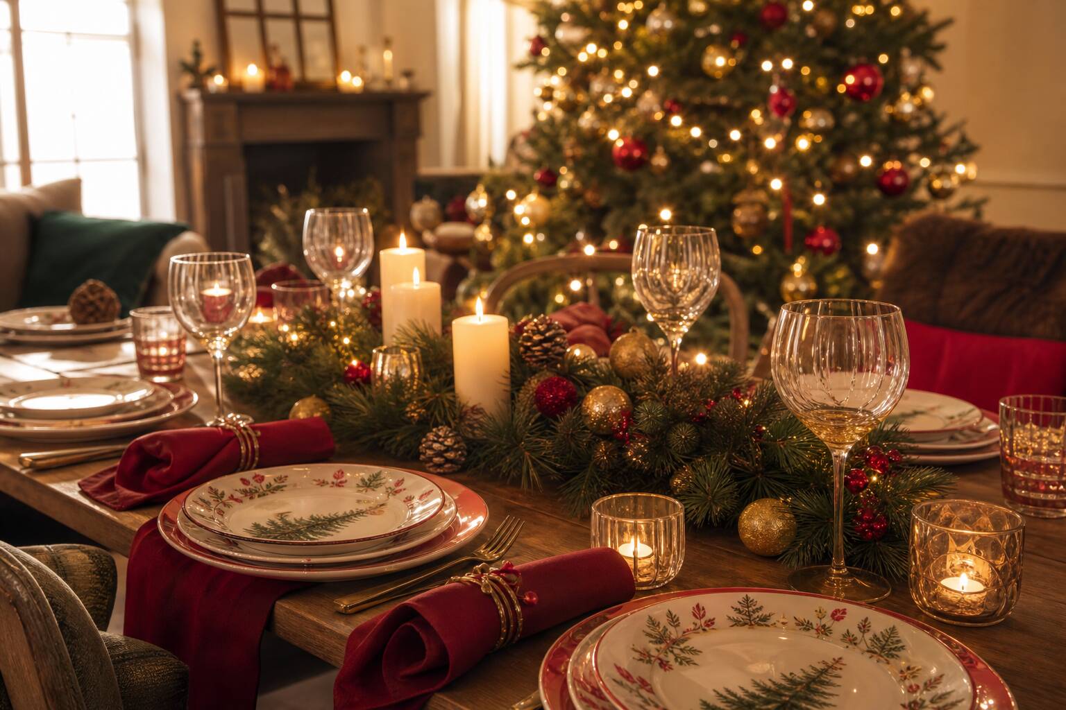 Table de Noël décorée avec assiettes, verres, bougies et sapin, collection Carrefour 2025