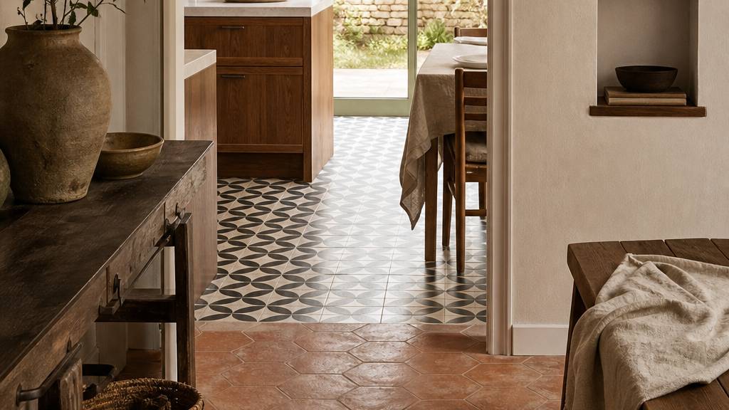 Entrée rénovée avec carrelage ancien tomettes et cuisine carreaux ciment