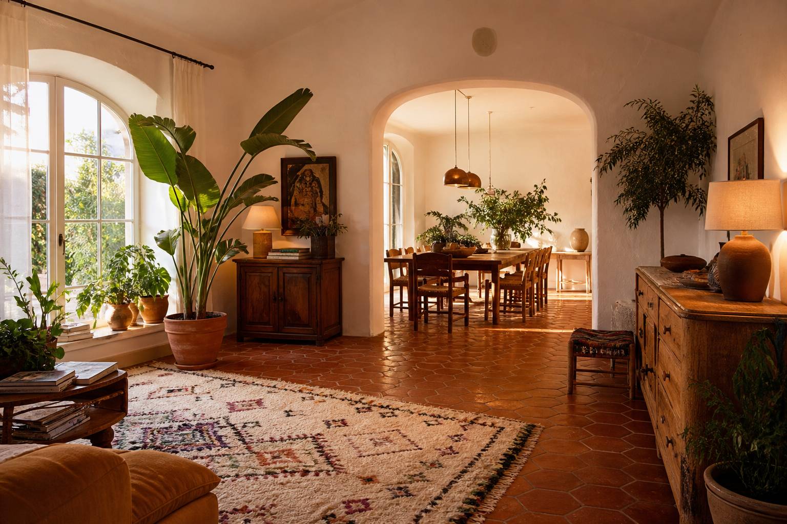 Intérieur rénové avec carrelage ancien tomettes terre cuite