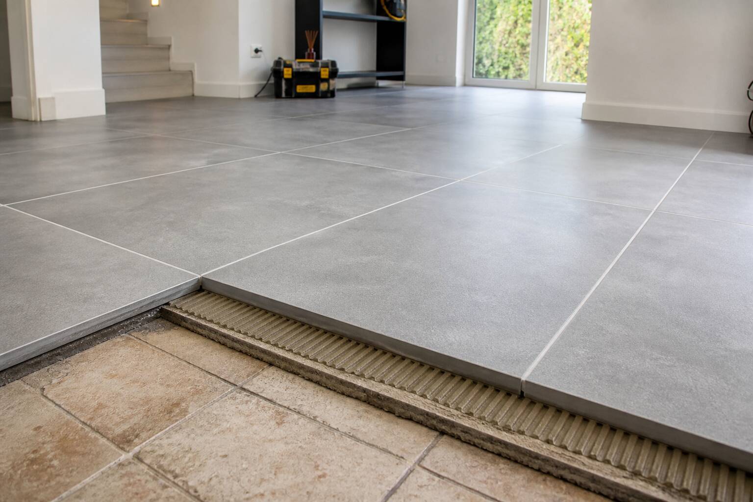 Pose de carrelage neuf sur ancien carrelage dans une rénovation intérieure sans démolition