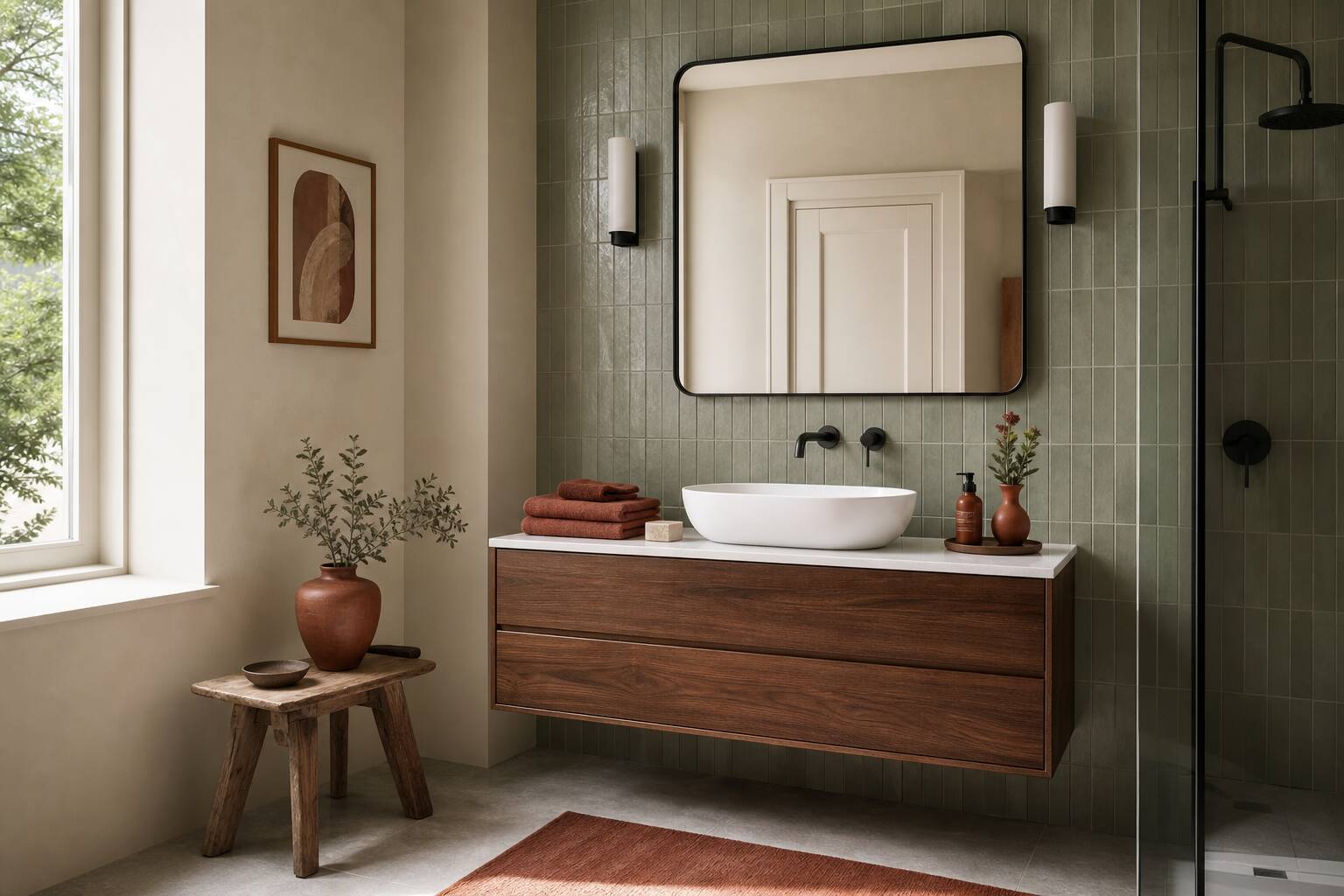 Carrelage vert sauge salle de bains moderne meuble noyer accessoires terracotta décoration intérieure