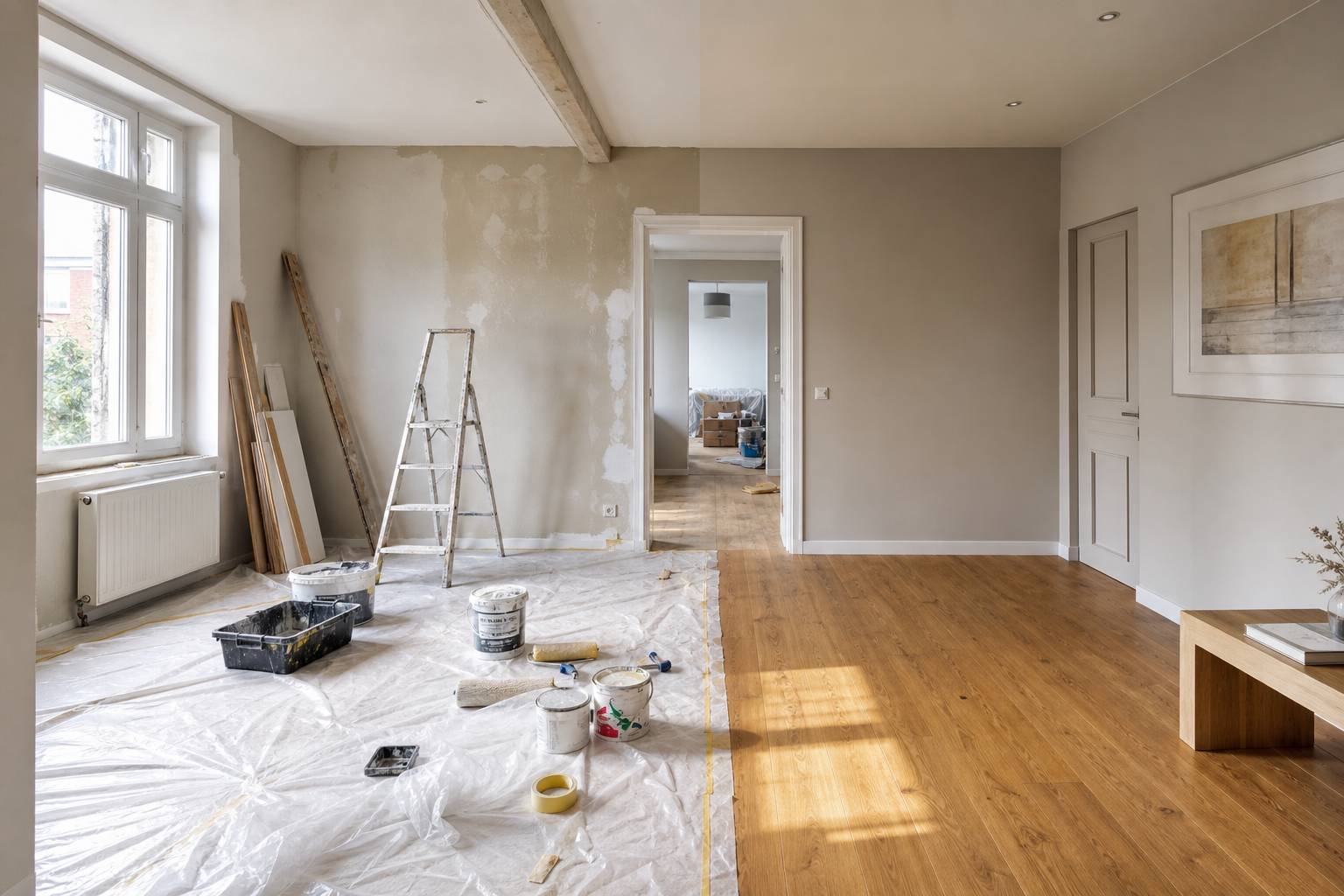 Chantier de rénovation intérieure salon en cours de travaux murs peints en grège chaud outils sol bois