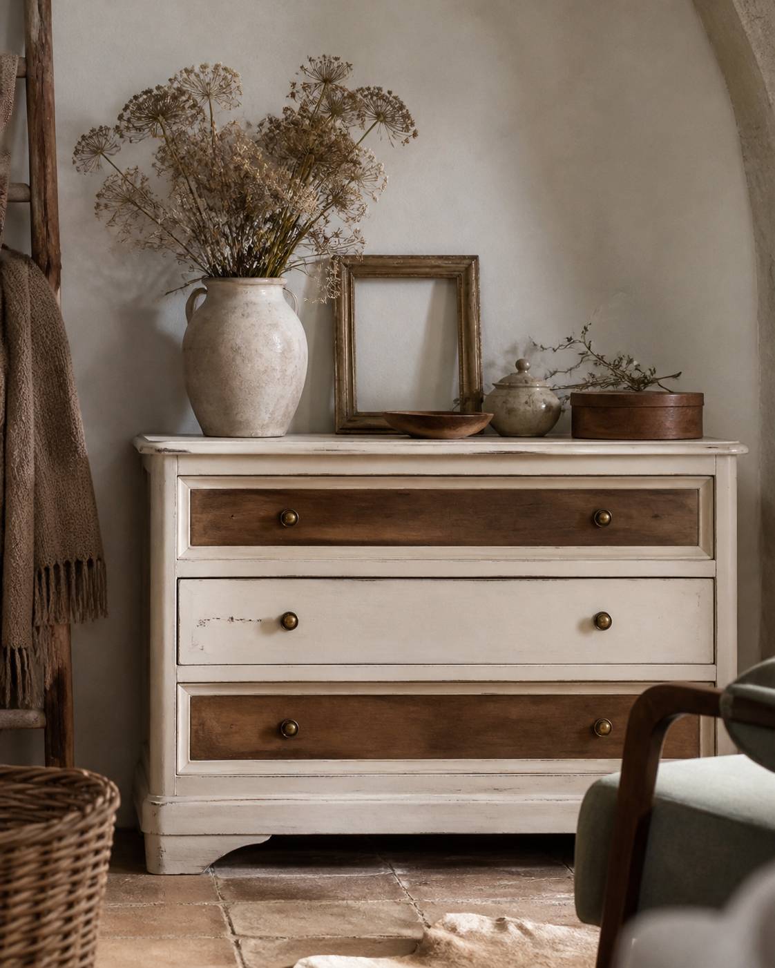 Commode relookée à la peinture à la craie blanc cassé patinée, déco champêtre et vintage avec fleurs séchées