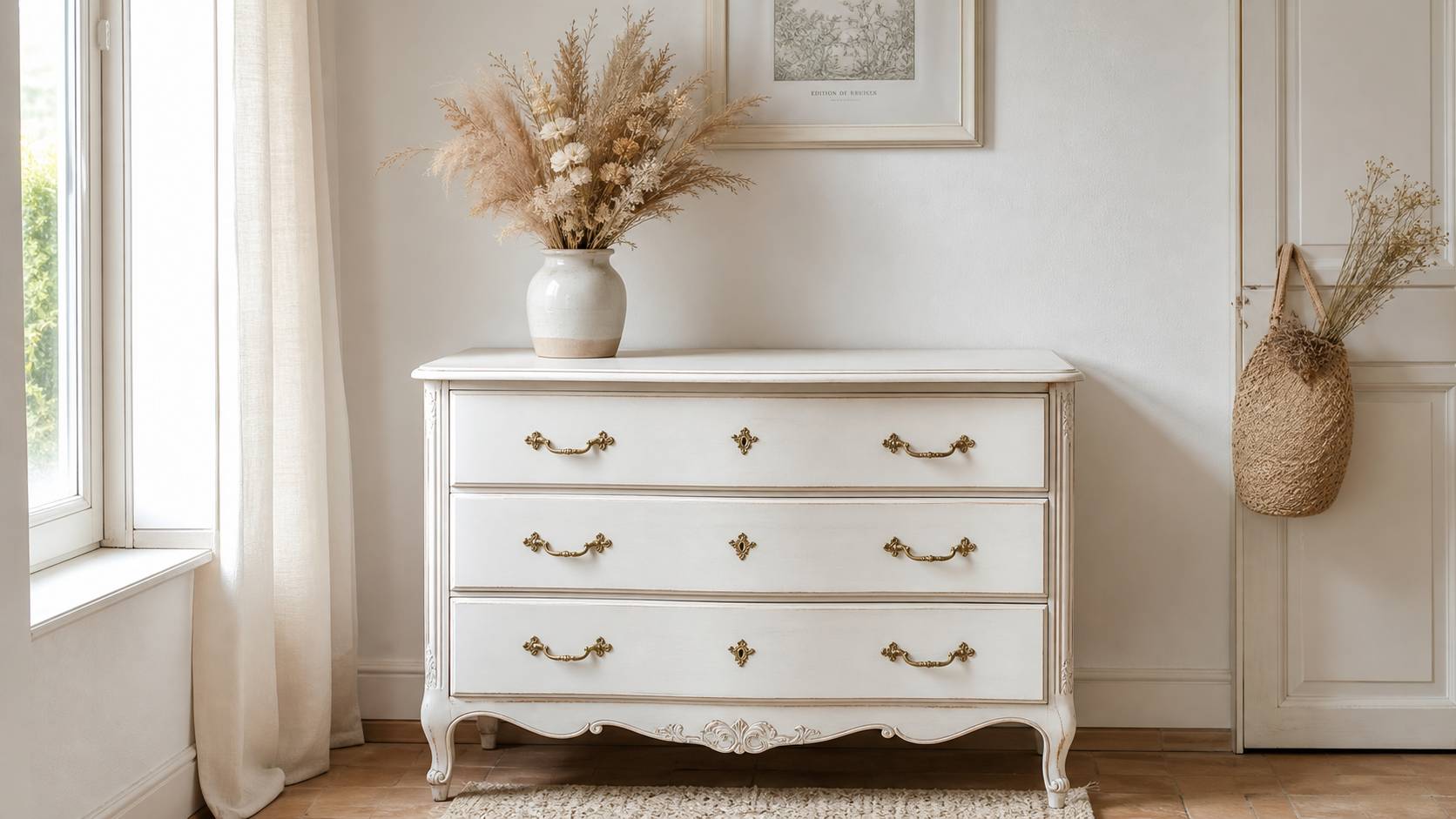 Commode relookée peinture craie blanc cassé poignées dorées