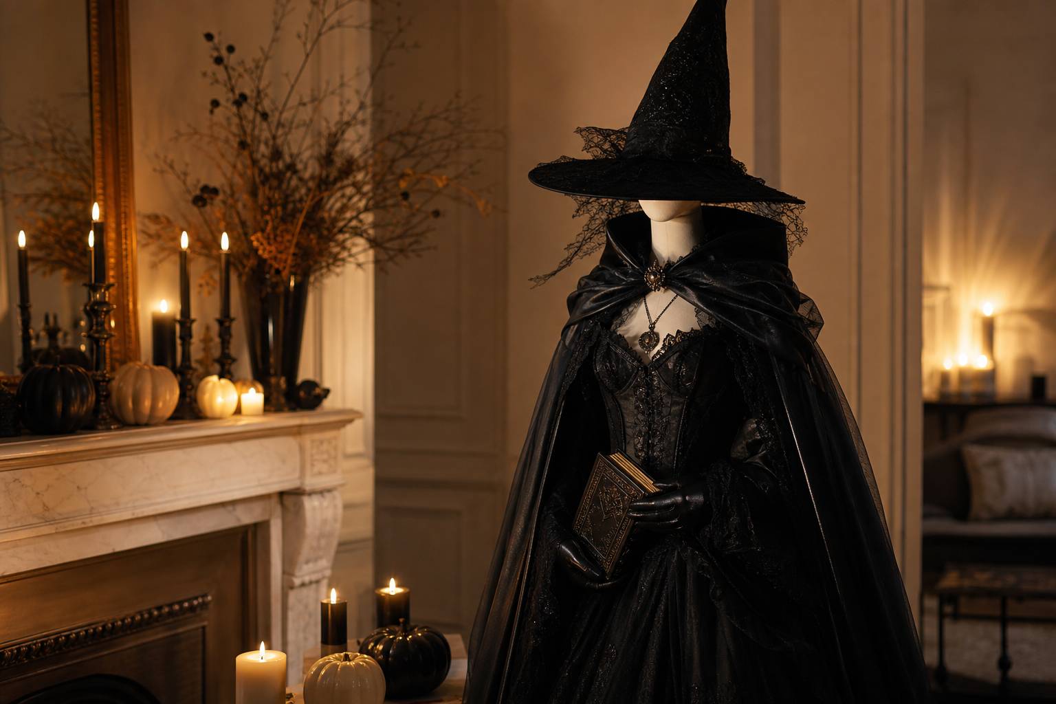 Costume Halloween sorciere gothique elegante mannequin chapeau pointu cape noire accessoires ambiance tamisee Palette Maison