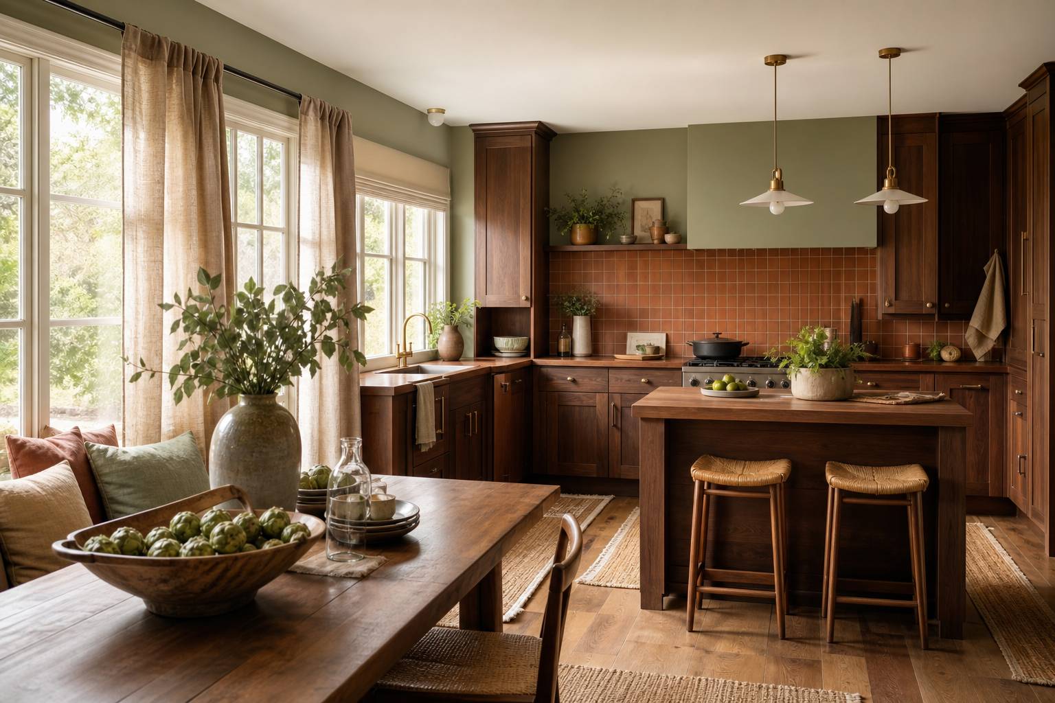 Cuisine bois foncé intérieur lumineux décoration noyer sauge terracotta maison chaleureuse élégante