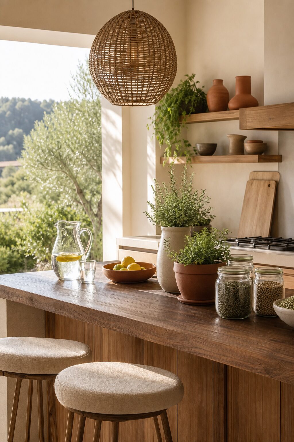 Cuisine d'été avec plan de travail en bois, herbes aromatiques et carafe au citron