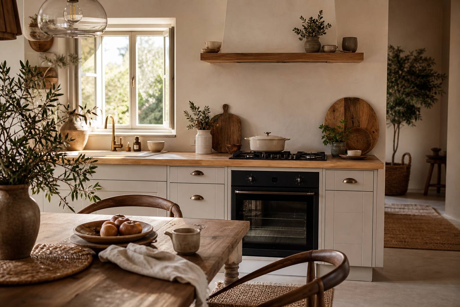 Cuisine moderne avec four encastré, plan de travail en bois et vaisselle en céramique