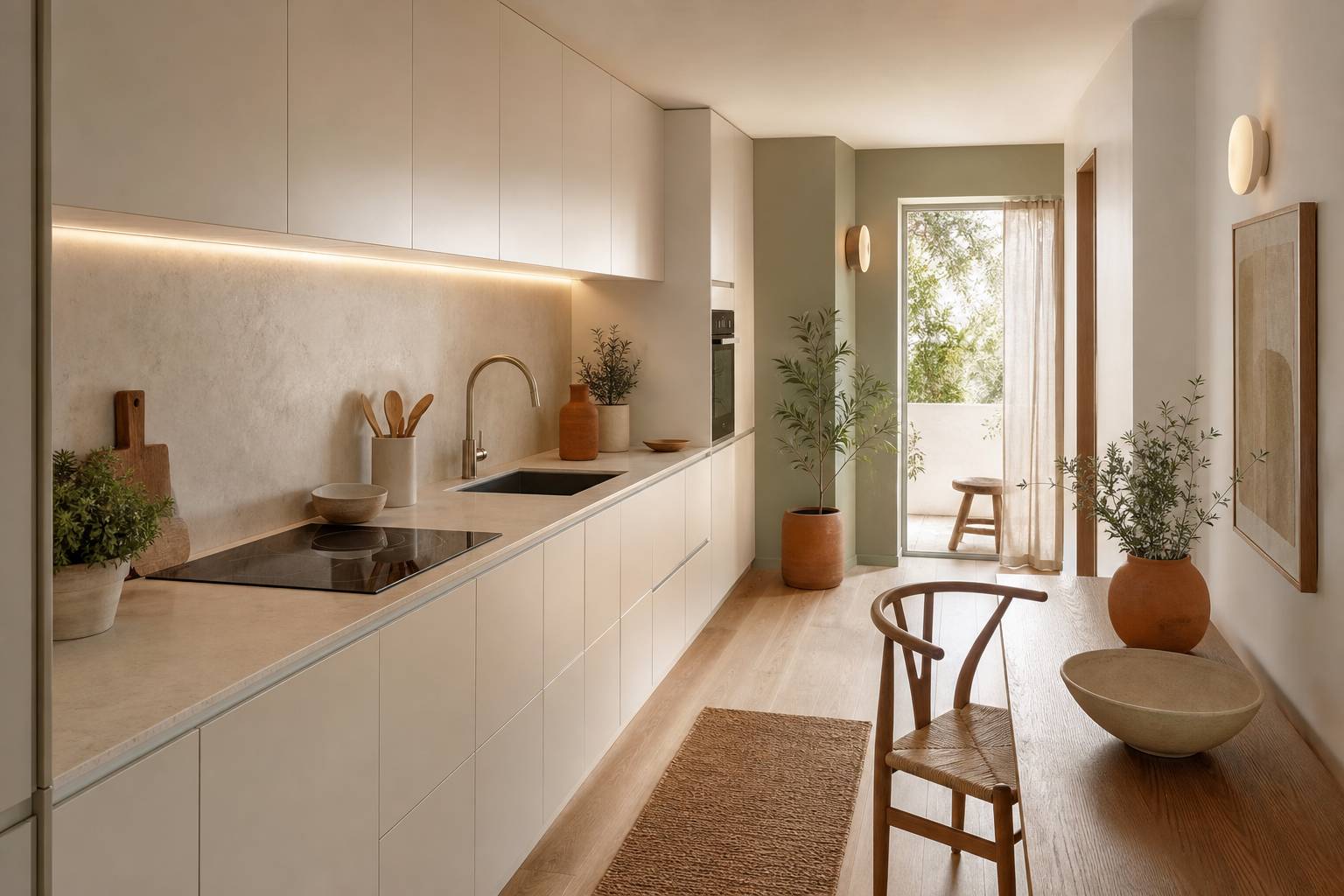 Cuisine longue et linéaire avec meubles blancs, plan quartz et lumière naturelle en perspective
