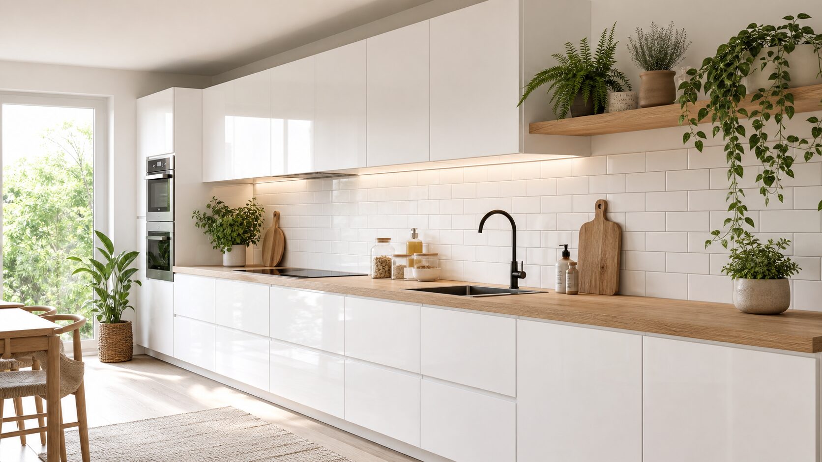 Cuisine linéaire design meubles blancs laqués plan travail bois chêne
