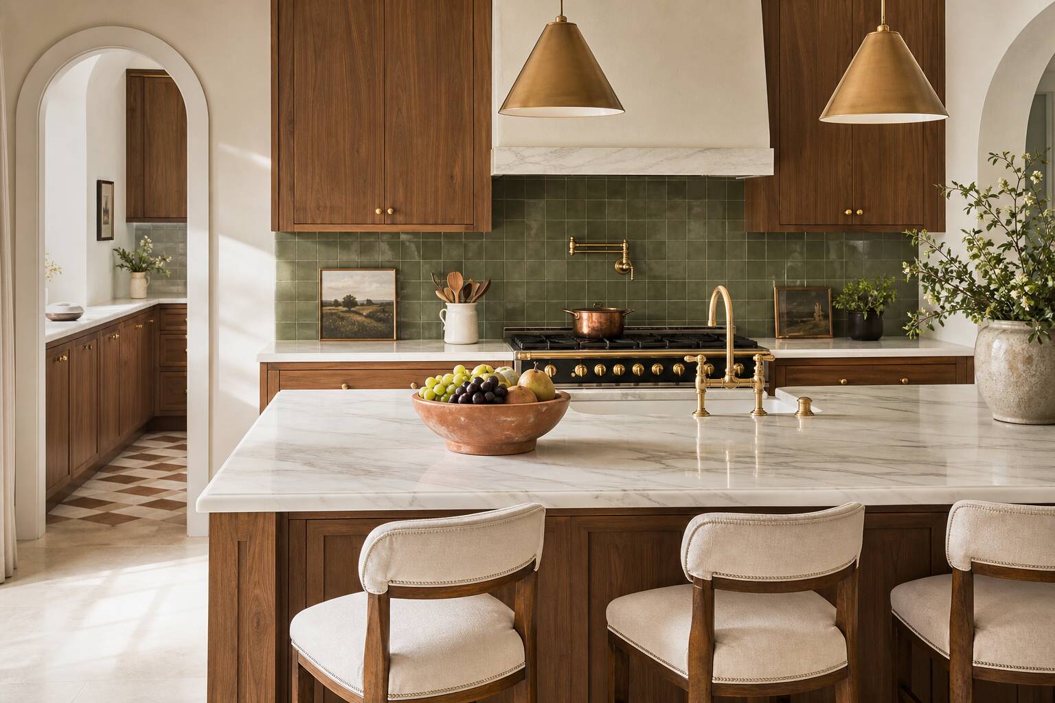 Îlot de cuisine en marbre et meubles en noyer, crédence vert sauge, décoration lumineuse et élégante