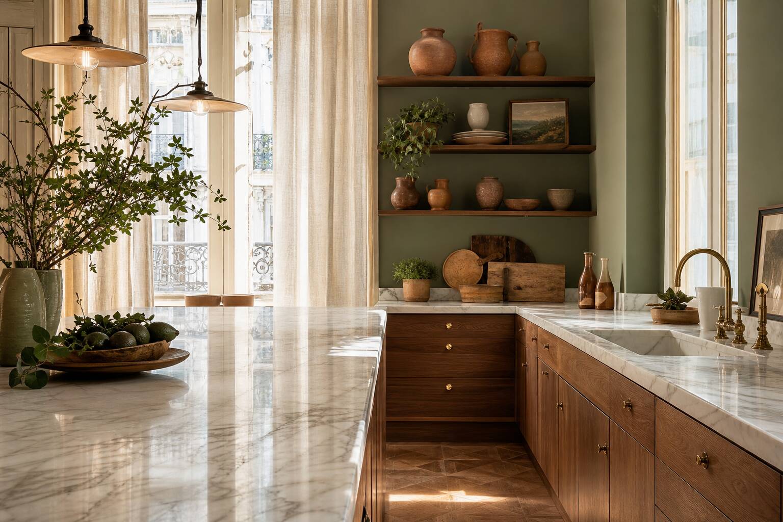 Cuisine marbre blanc et bois noyer dans un intérieur lumineux, touches lin sauge et terracotta