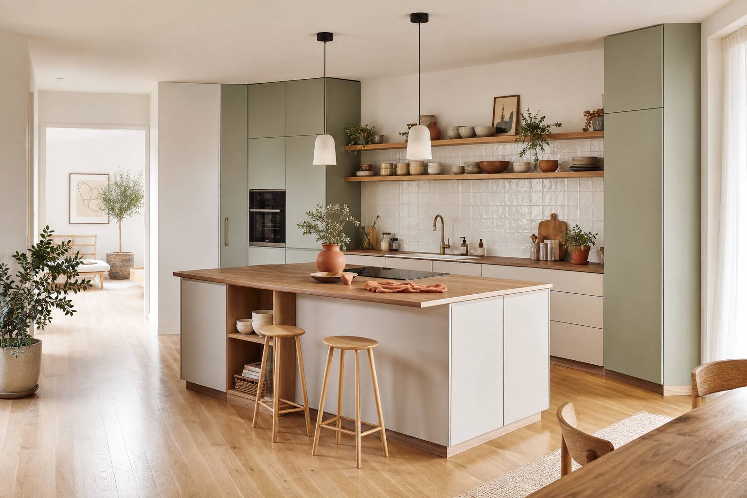 Cuisine claire avec parquet vitrifié et plan de travail en bois