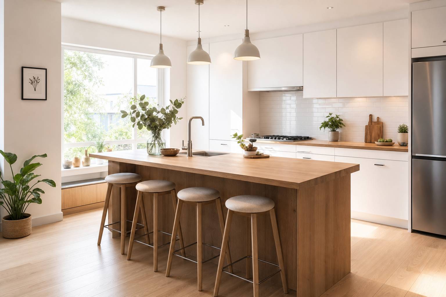 Cuisine claire avec parquet vitrifié îlot central et crédence