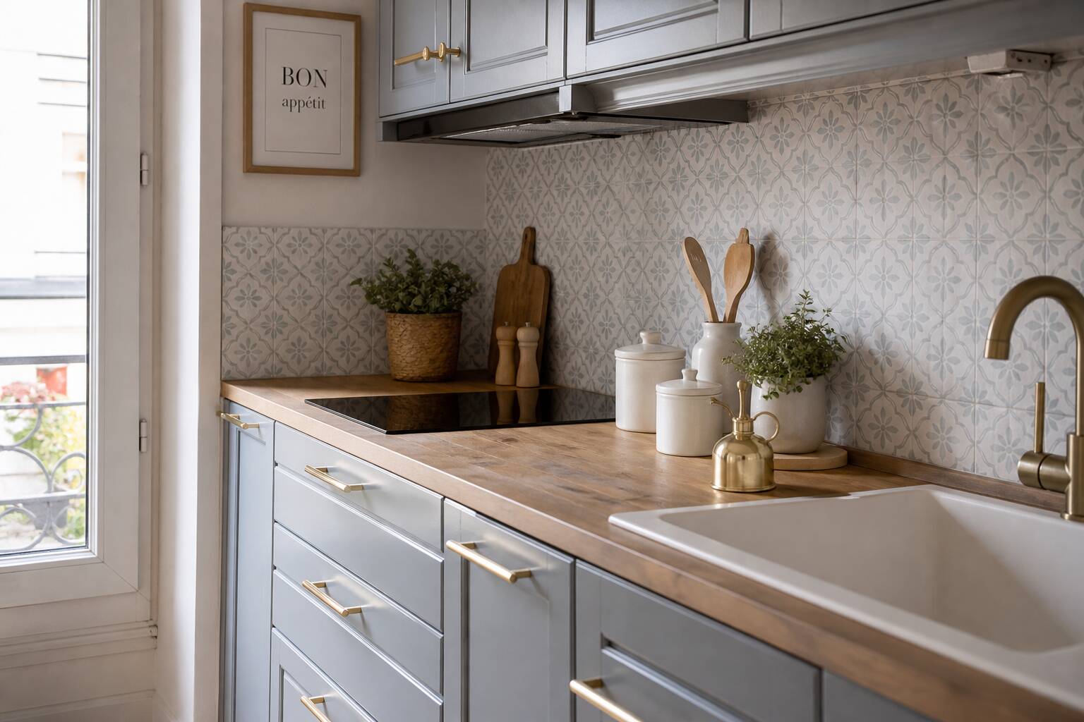 Détail cuisine rénovée avec nouvelles poignées et crédence design