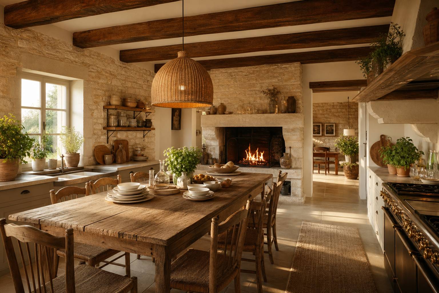 Cuisine rustique chic avec pierre apparente et grande table bois