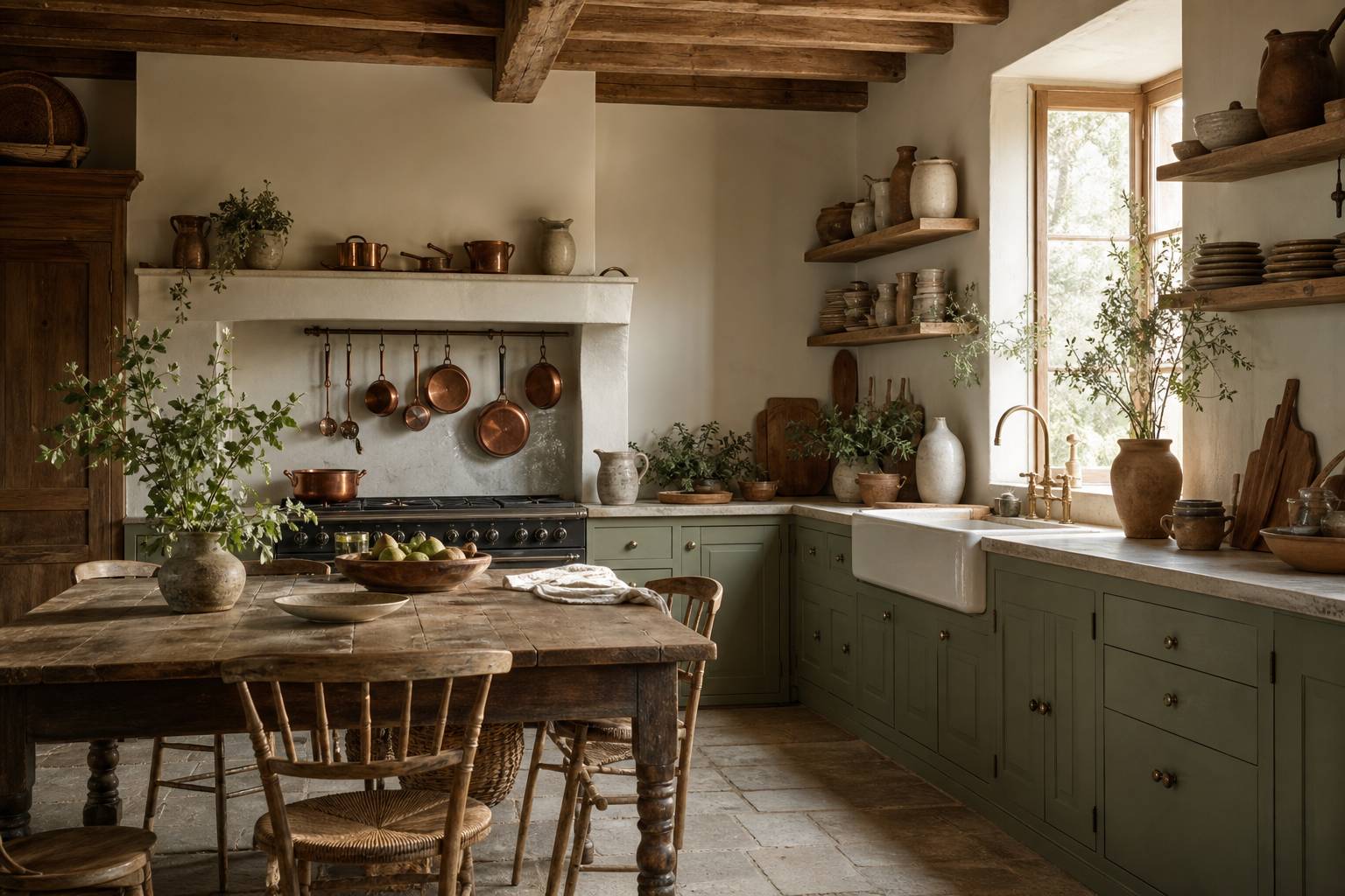 Cuisine rustique chic avec poutres apparentes, table fermière bois massif et vaisselle céramique