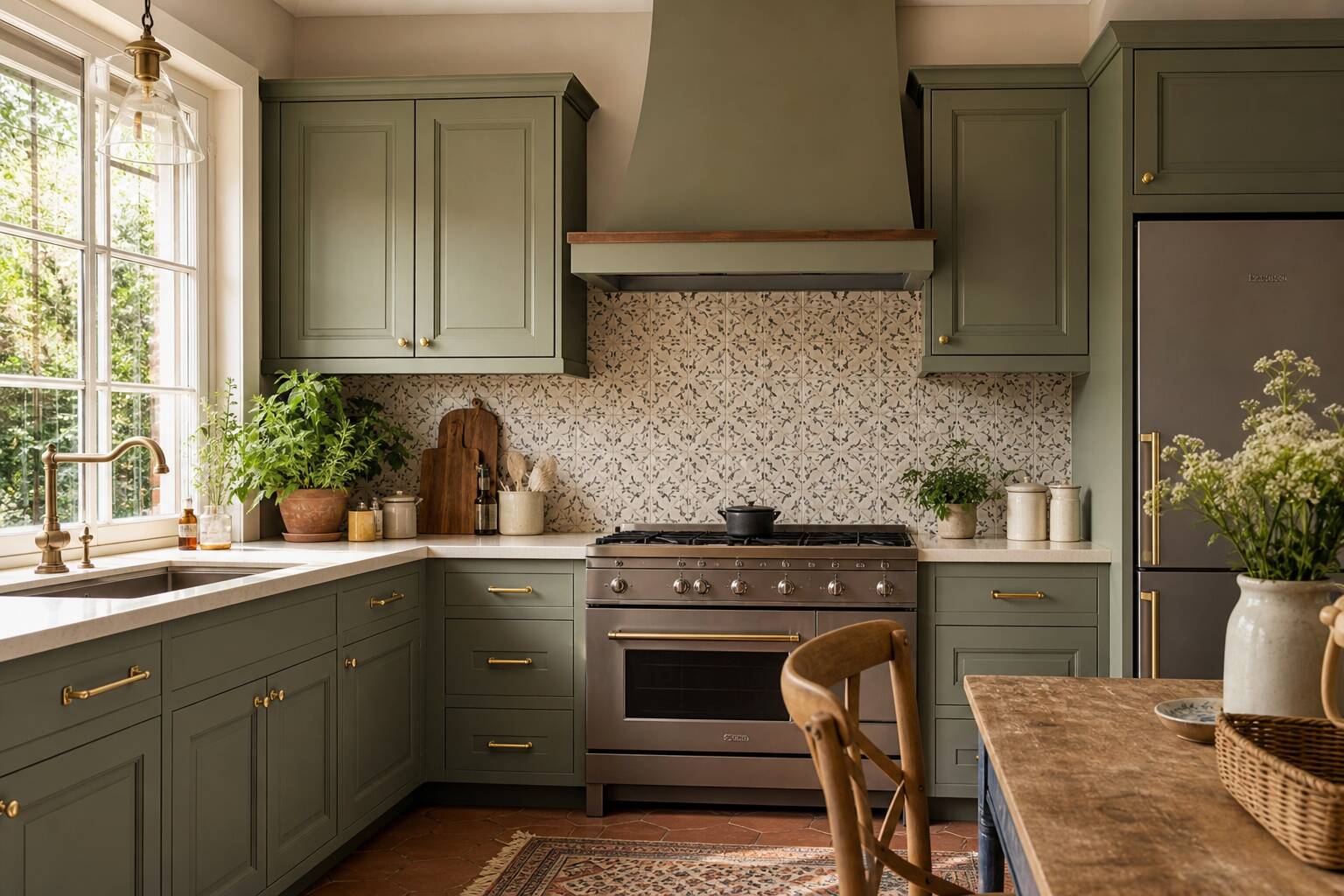 Cuisine transformée sans rénovation lourde, meubles peints en vert sauge