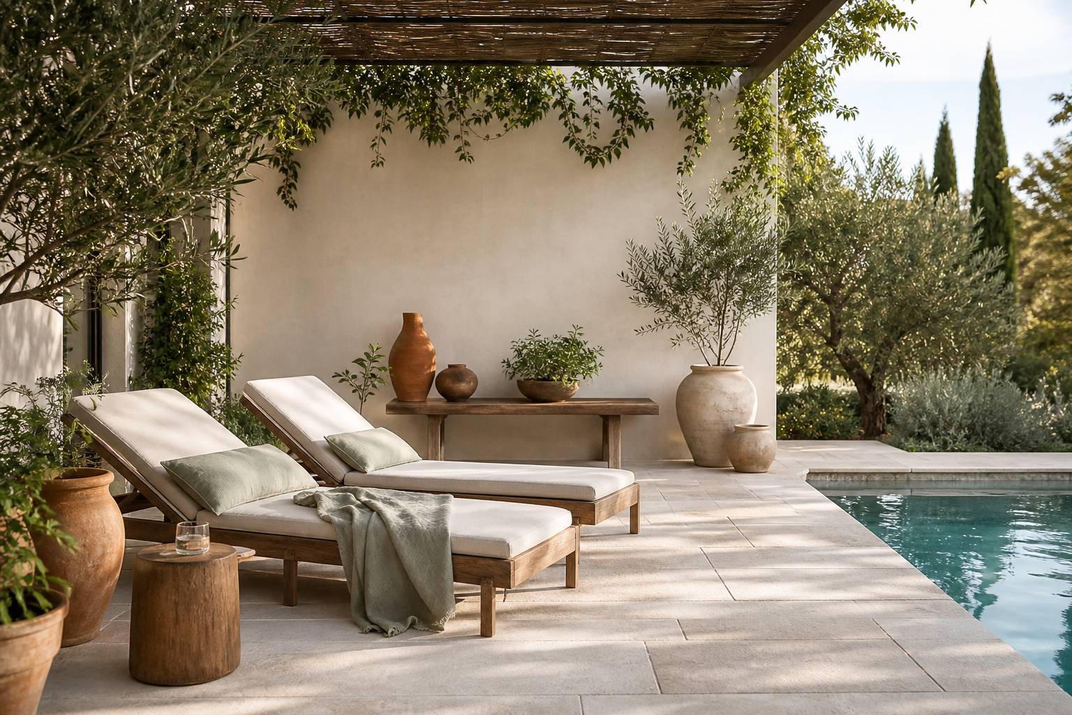 Terrasse de piscine avec dallage en pierre naturelle et chaises longues au bord de leau